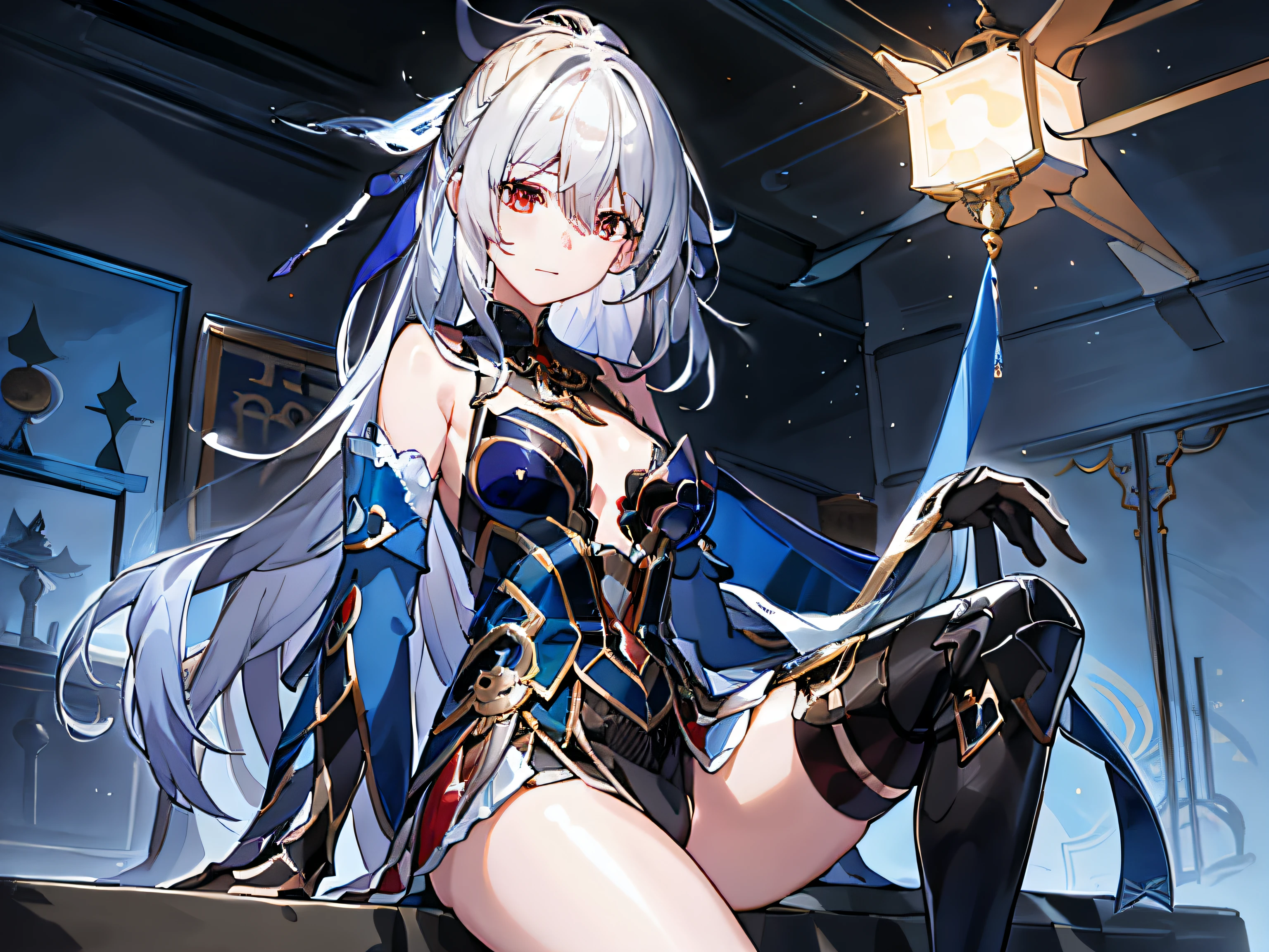 masterpiece, top-quality, JingliuV4, 1girl in, 独奏, looking at the viewers, a closed mouth, gloves, doress, Black Gloves, Detached sleeves, Hands behind,Sit up