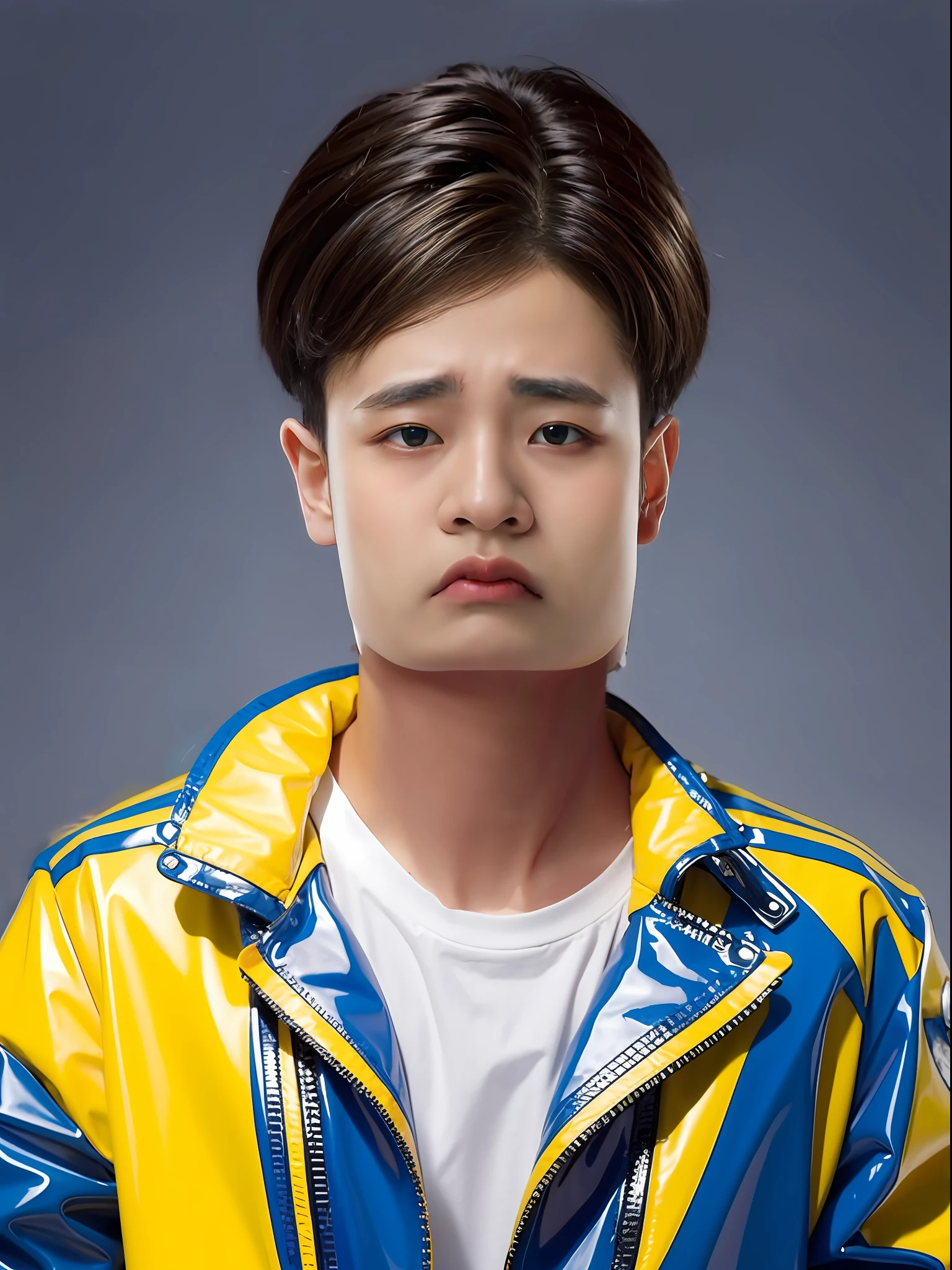 A 16-year-old male high school student,Wearing PVC blue clothes,Yellow medium hair style