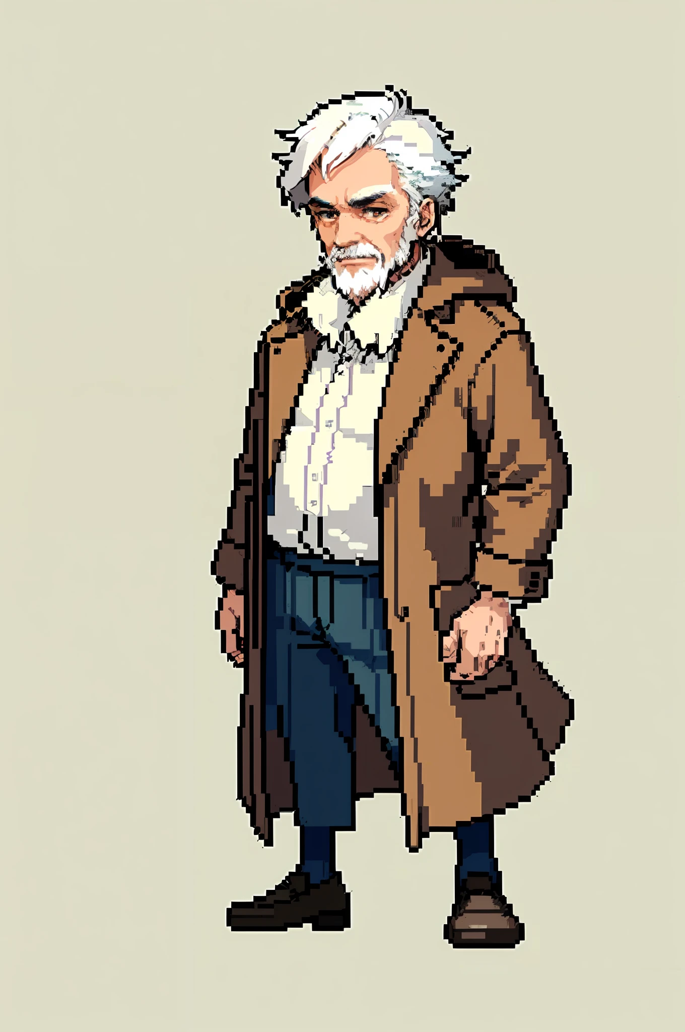 (masterpiece, top quality, best quality), pixel, pixel art, 1man, full body, old man, white hair, tanned skin, brown eyes, brown overcoat