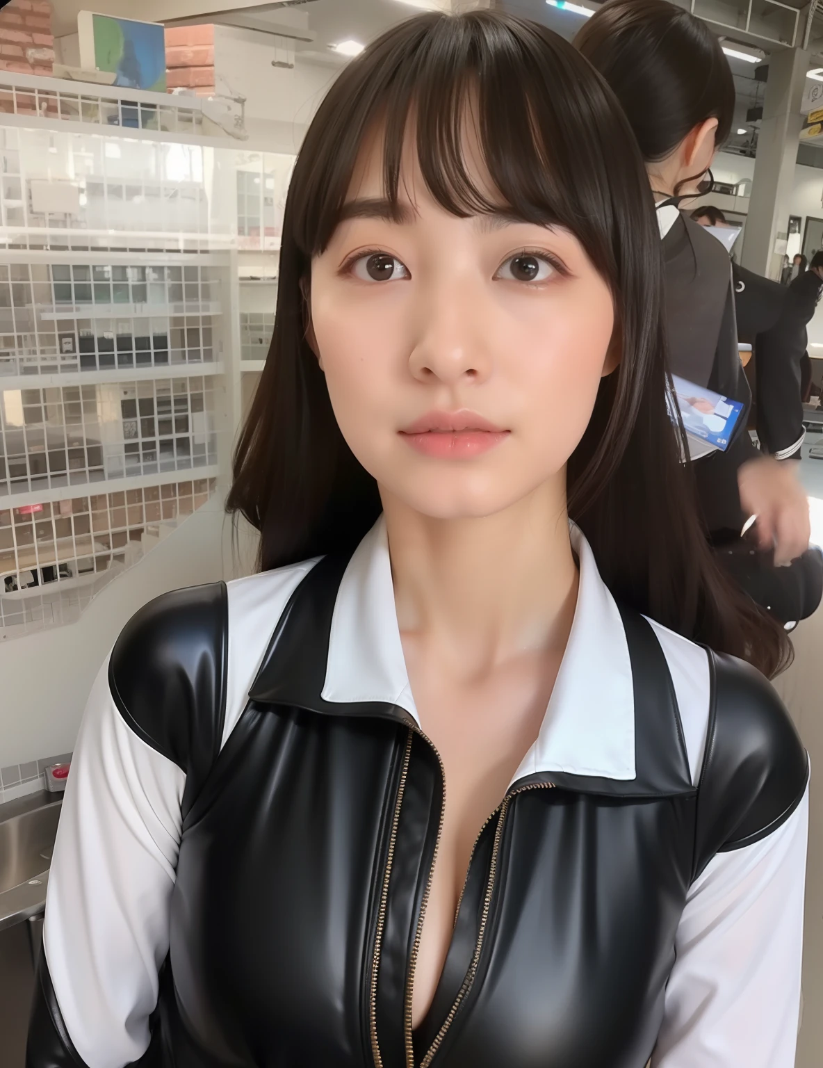 Pure black rubber suit、discreet breasts、Top image quality、​masterpiece、corrected