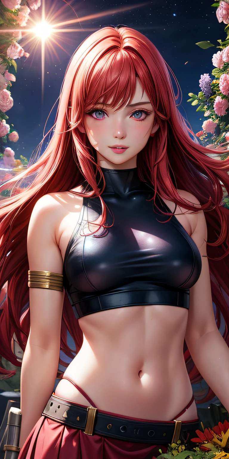 realistic, 1girl, RED hair, purple eyes, glowing eyes, crop top, skirt, parted lips, blush, night, flowers, sun, sunlight,