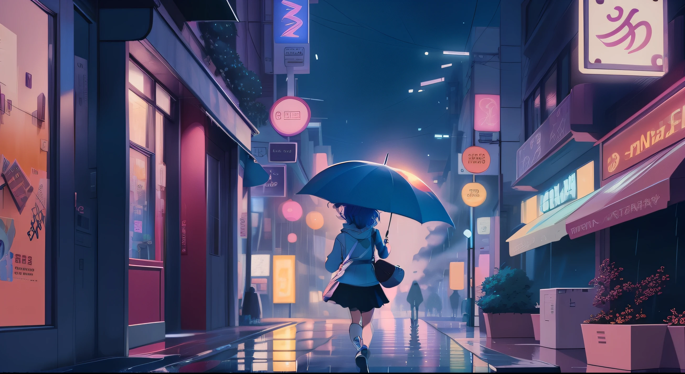 Anime girl walking down street in rain at night,, in the art style of 8 0 s anime, the anime girl is running, ' ramona flowers ', cosmic girl, style of anime4 K, 8 0 s anime art style, Praise Artstyle, official fanart, Anime style illustration