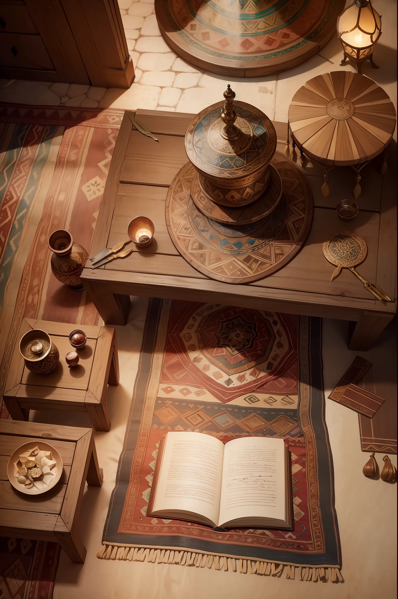 A captivating cinematic atmosphere surrounds a wooden table adorned with an exquisite collection of traditional Moroccan treasures - from vibrant footwear to intricately woven djellabas. Craft tools add an artisanal touch, transporting viewers to the enchanting world of Moroccan craftsmanship, top view, a shot from above, a open book in the middle on the table