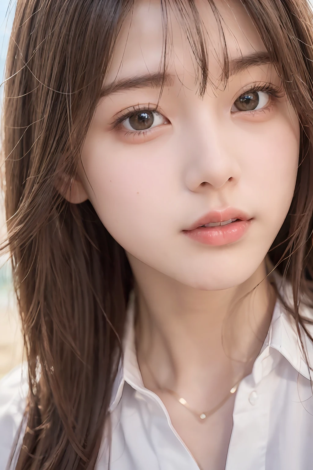 ultra-detailliert, hight resolution, (realisitic, Photorealsitic:1.4), 8K, Raw foto, (​masterpiece), (top-quality), physically-based renderingt, college girls, long brown hair, Korea, the beach, In look, Nothing to wear、unbuttoned_white_shirt,