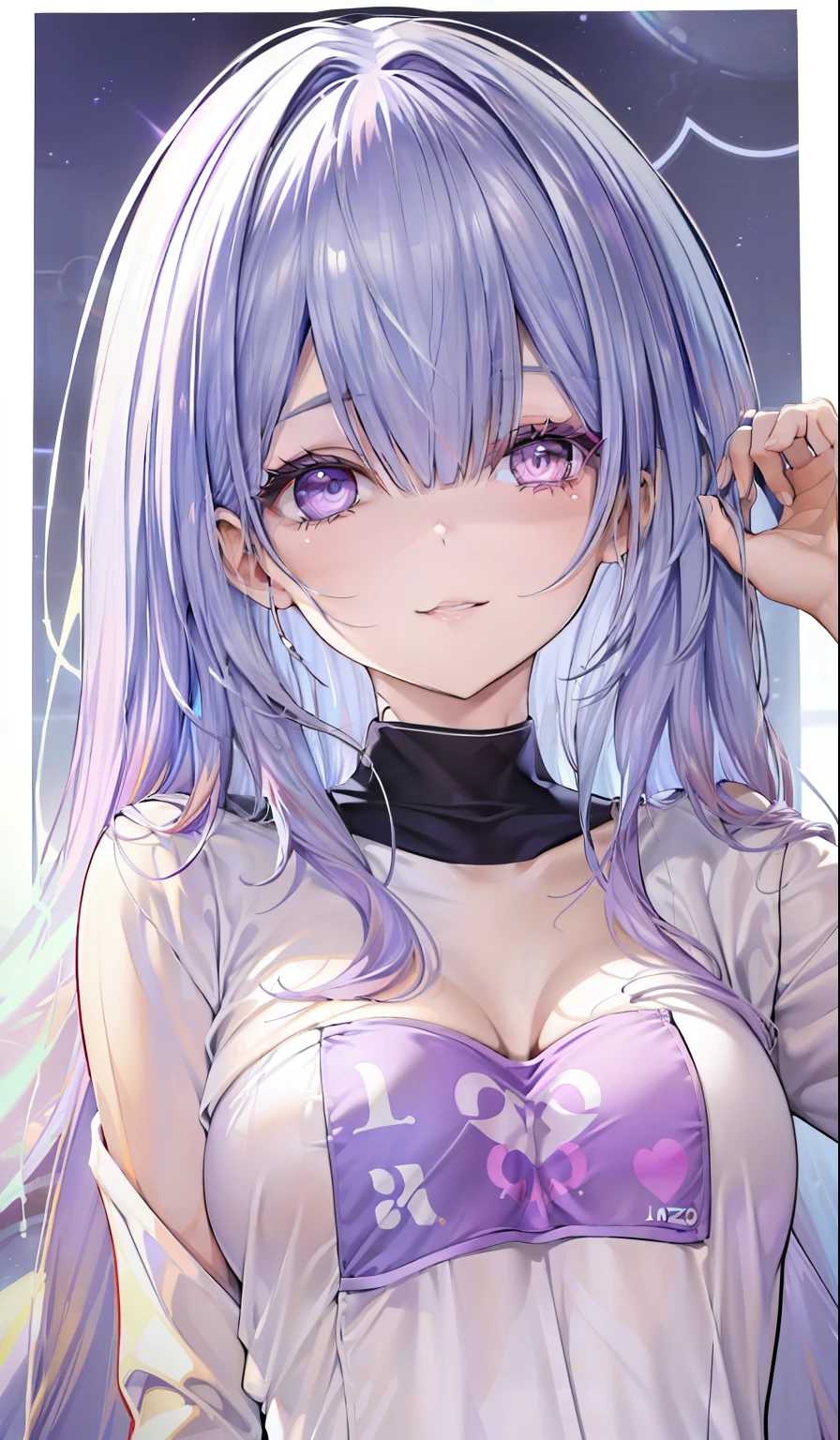 Woman, ((face feminina)), Feliz, ((sorridente, boca aberta)), ((light lilac eyes)), nariz, ((giant lilac hair)), ((franja)), ((moletom)), ((saia)), ((efeito de luzes corporais))