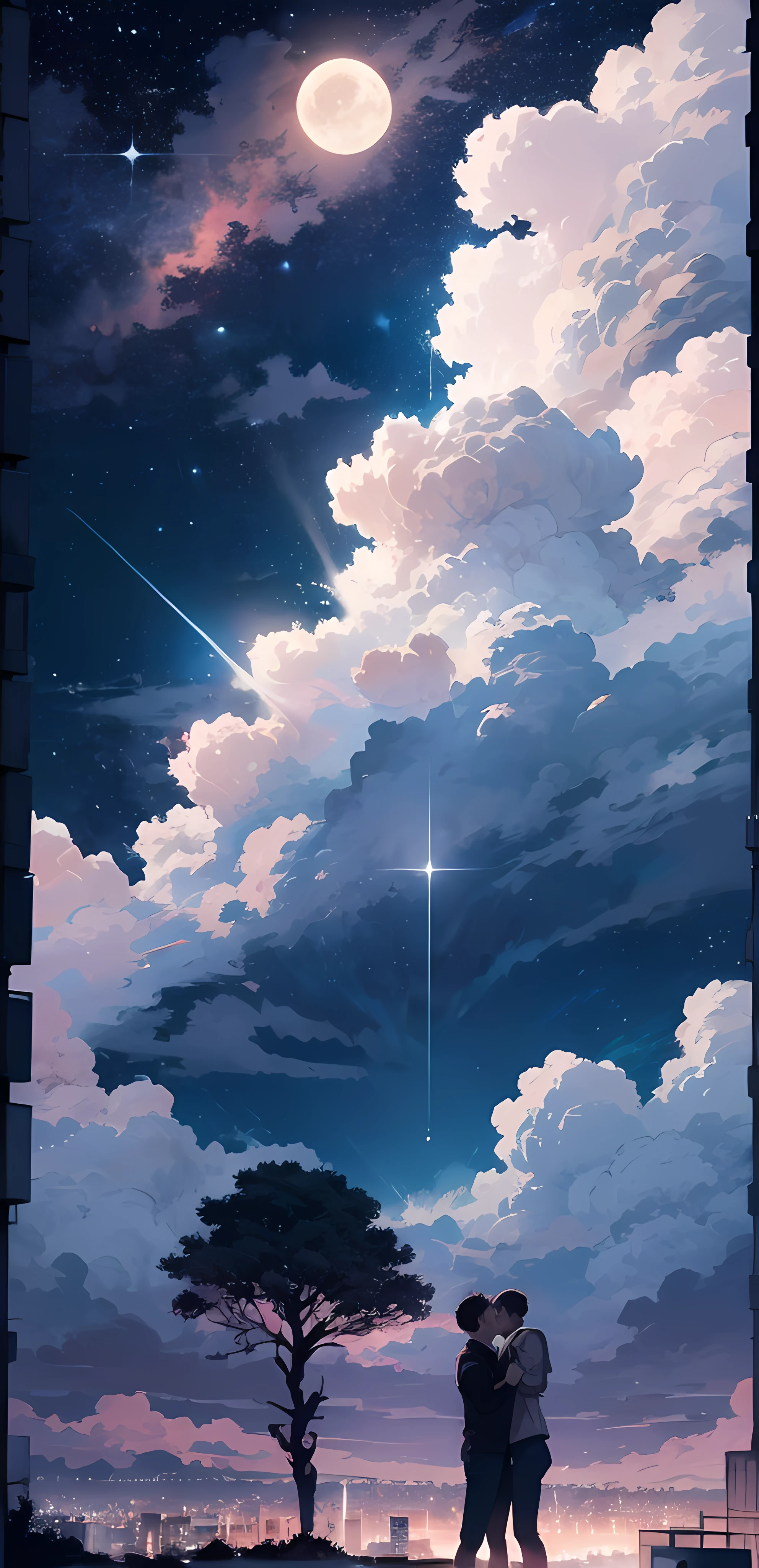octane,Skysky,As estrelas(Skysky),scenecy,2 boys kissing,starrysky,the night,nigh sky,themoon,exteriors,clouds,galactic,hugs,The tree,城市,siluette,view over city