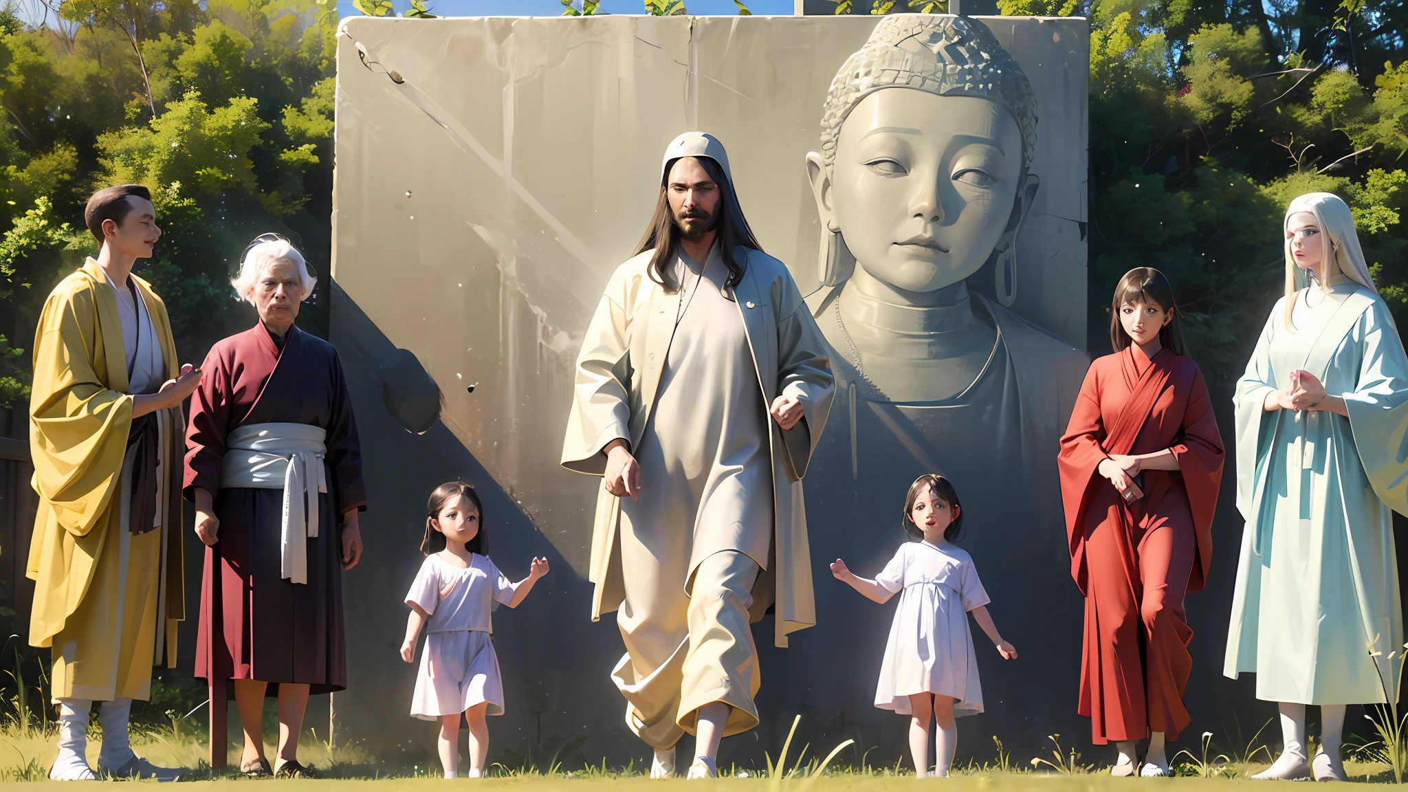 A meeting of characters such as nicolas tesla, jesus christ, buddha and other characters from the history of mankind in their child versions walking on the green plain, high resolution, very realistic, photorealistic, ultra realistic, high resolution, ((realistic:1.2)) , wide view mode --auto --s2