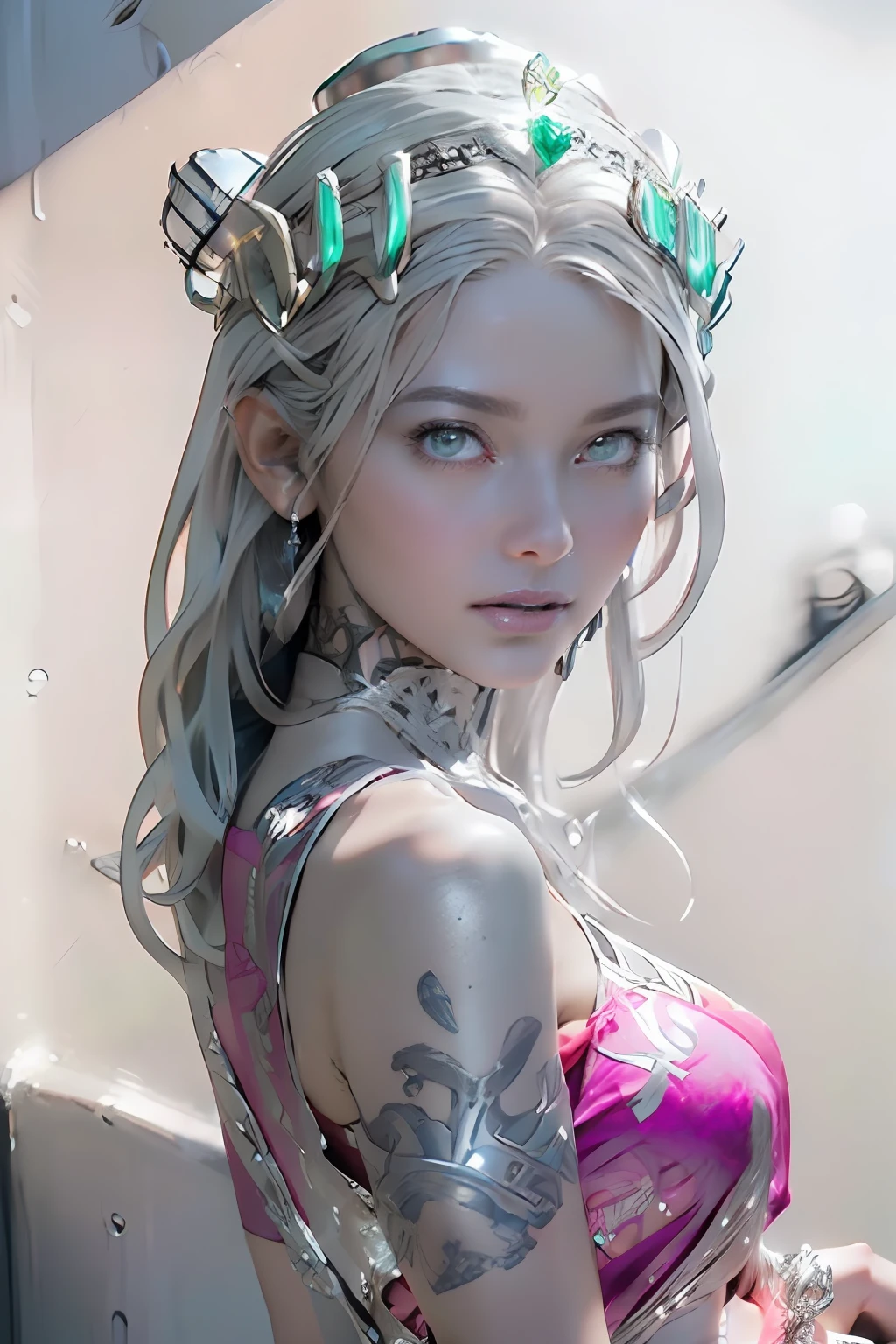 Ultra-detailed complex 3D rendering of the face, (masterpiece, top quality, octane rendering,), glamour shots full body image, very beautiful young elves, cleavage, (highly detailed skin: 1.2), (exposure: 1.1), ((blue micro bikini: 1.95)))). , 8k, (((very soft breasts)), (((conspicuous large pink areola)), beautiful Caucasian woman with white skin with full soft breasts with big buttocks, one, long braided hair, big breasts, dynamic angles, (((huge breasts: 2.4)), ultra-realistic photos, ((((((silver hair)))), futuristic urban background, facial muscles, (((((detailed and glamorous silver crown)))), In the style of Marvel Comics, ArtStation Trends, Clear Focus, Intricate Details, Very Detailed, Detailed Green Eyes, Sharp Focus, Digital Rendering, Professional, Abs, Lip Gloss, Glossy Skin, Sexy Pose, Golden Tattoo All Over Body, Silver Pattern All Over Body, Silver Lame Skin, Gold Glitter Skin, Mansuji, Buttocks, Jeweled All Over the Body, with silver scales, silver hair,
