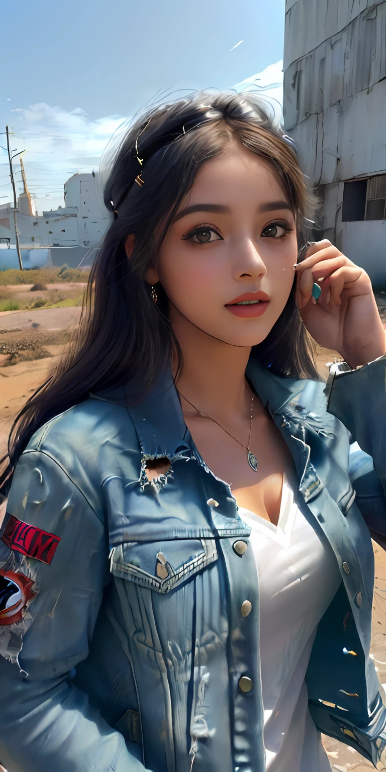 (1girl:1.3), solo, (((rosto extremamente detalhado))),(((olhos e rosto extremamente detalhados)),belos olhos detalhados,corpo-parts__, arte oficial, papel de parede unificado 8k, super detalhado, handsome and aesthetic, belo, obra-prima, melhor qualidade, cru, obra-prima, foto super fina, melhor qualidade, super high res, realismo fotorrealista, luz solar, retrato de corpo inteiro, amazing beauty,, dinamic pose, rosto delicado, olhos vibrantes, (da frente), she's wearing a Spider-Man suit and a shredded blue denim jacket, esquema de cores vermelho e preto, aranha, Very detailed abandoned warehouse bottom, rosto detalhado, fundo ocupado complexo detalhado, Messy, lindo, branco leitoso, pele altamente detalhada, detalhes realistas da pele, visible pores, foco nítido, Volumetric mist, 8k uhd, DSLR, alta qualidade, grain of film, pele clara, Foto realism, lomografia, Huge metropolis in future dystopia, visto de baixo, translucid
