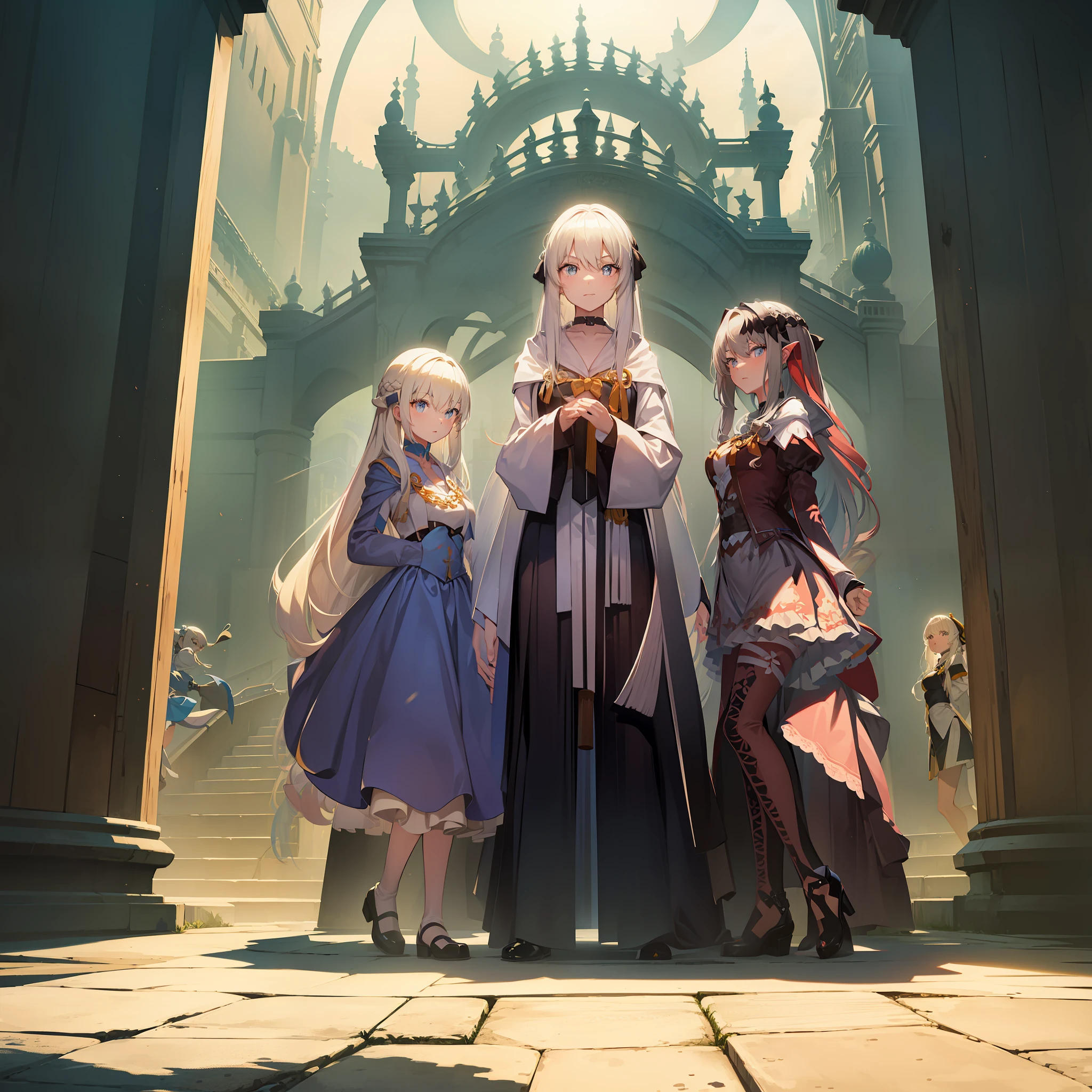 A girl with long white hair stands in the middle of the picture，Face the observer