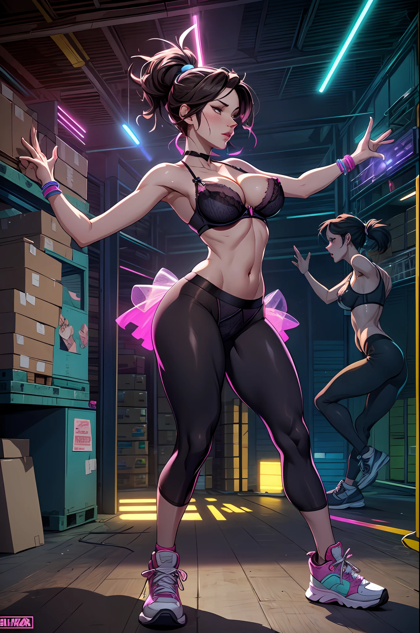 woman, (mature:1.5) wearing light up sneakers, tutu, see-through bra, nipples, panty peek, glowsticks, dancing, raver, crowded warehouse, strobe lights