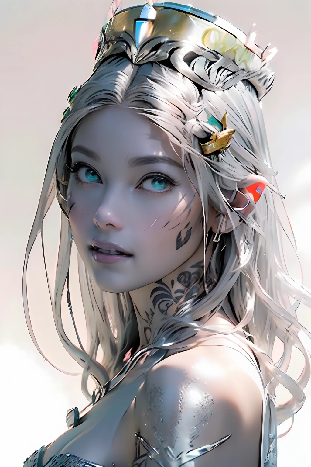 Ultra-detailed complex 3D rendering of the face, (masterpiece, top quality, octane rendering,), glamour shots full body image, very beautiful young elves, cleavage, (highly detailed skin: 1.2), (exposure: 1.1), ((blue micro bikini: 1.95)))). , 8k, (((very soft breasts)), (((conspicuous large pink areola)), beautiful Caucasian woman with white skin with full soft breasts with big buttocks, one, long braided hair, big breasts, dynamic angles, (((huge breasts: 2.4)), ultra-realistic photos, ((((((silver hair)))), futuristic urban background, facial muscles, (((((detailed and glamorous silver crown)))), In the style of Marvel Comics, ArtStation Trends, Clear Focus, Intricate Details, Very Detailed, Detailed Green Eyes, Sharp Focus, Digital Rendering, Professional, Abs, Lip Gloss, Glossy Skin, Sexy Pose, Golden Tattoo All Over Body, Silver Pattern All Over Body, Silver Lame Skin, Gold Glitter Skin, Mansuji, Buttocks, Jeweled All Over the Body, with silver scales, silver hair,
