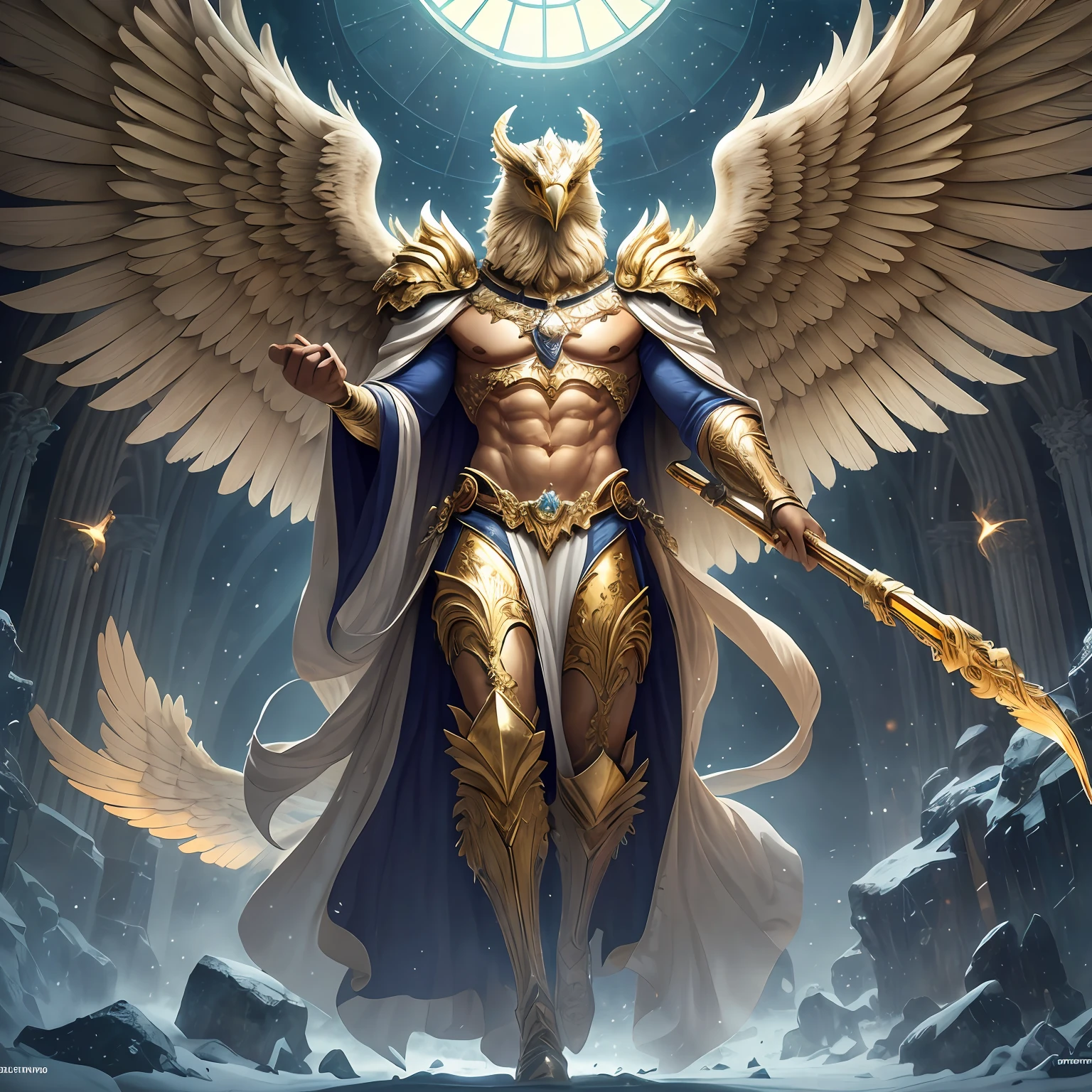 The anthropomorphic eagle vulture can be described as having a human body and (eagle's head) and golden wings, human arms, upright walking creatures, ((beautifully detailed griffin)) (extremely detailed CG Unity 8k wallpaper), professional majestic oil painting by Ed Blinky, Atea Gaylan, Studio Ghibli, Jeremy Mann, Greg Manches, Antonio Exhibited at ArtStation, Moreau was popular at CGSociety, with dramatic photorealistic paintings by Complex, High Detail, Sharp Focus, Midjourney, and Greg Rutkowska. super high resolution, best quality, photos, 8K, (Realistic: 1.2), cinematic lighting, giant in bright gold robe with golden feathers, floating on the crystal throne, floating on a crystal cloud, yellow eyes, bright yellow light emanating from the throne, gemstone floating in the sky, God, a beam of light shrouds his body, The crystal throne has large translucent (golden feathered wings) with wings spread, Golden light overhead (aura: 1.2), abdominal muscles wearing medieval golden armor, golden feathers, masculinity, darkness, masterpiece, best quality, intricate details, snow environment and crystal in background, crystal cathedral, futuristic portal, 3D light, HD, magic, light god, backlight, detailed face, fear, depth of field, soft lighting, tone mapping, high detail, concept art, smooth, clear focus, dramatic lighting, highly detailed art, film, 8K, Amazing shadows (highly detailed background: 1.2) --auto --s2