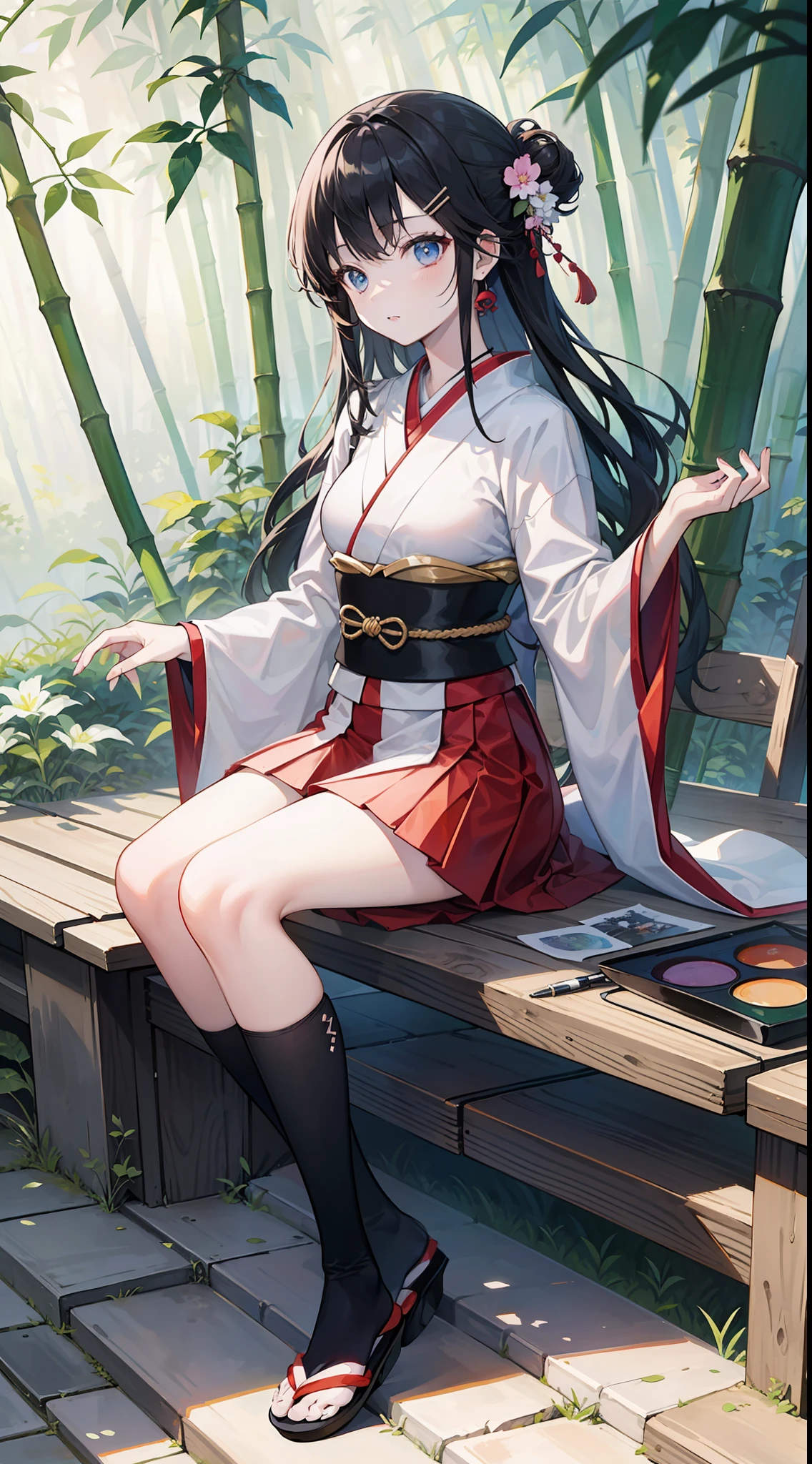 Masterpiece、Quickwork、Pale anime illustration、a beauty girl、Japanese dress、hairpin、a miniskirt、bamboo forrest、ink and watercolor painting、