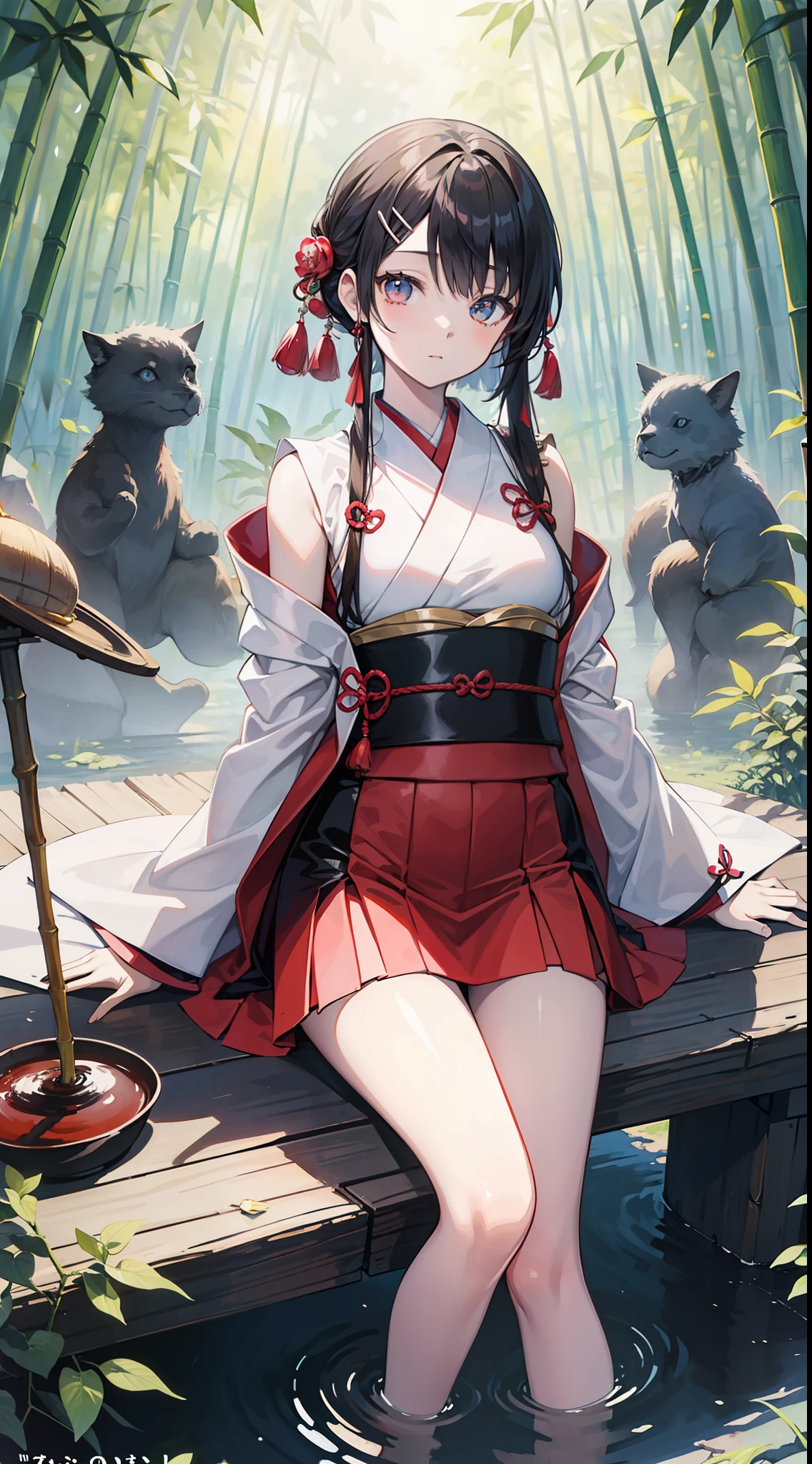 Masterpiece、Quickwork、Pale anime illustration、a beauty girl、Japanese dress、hairpin、a miniskirt、bamboo forrest、ink and watercolor painting、
