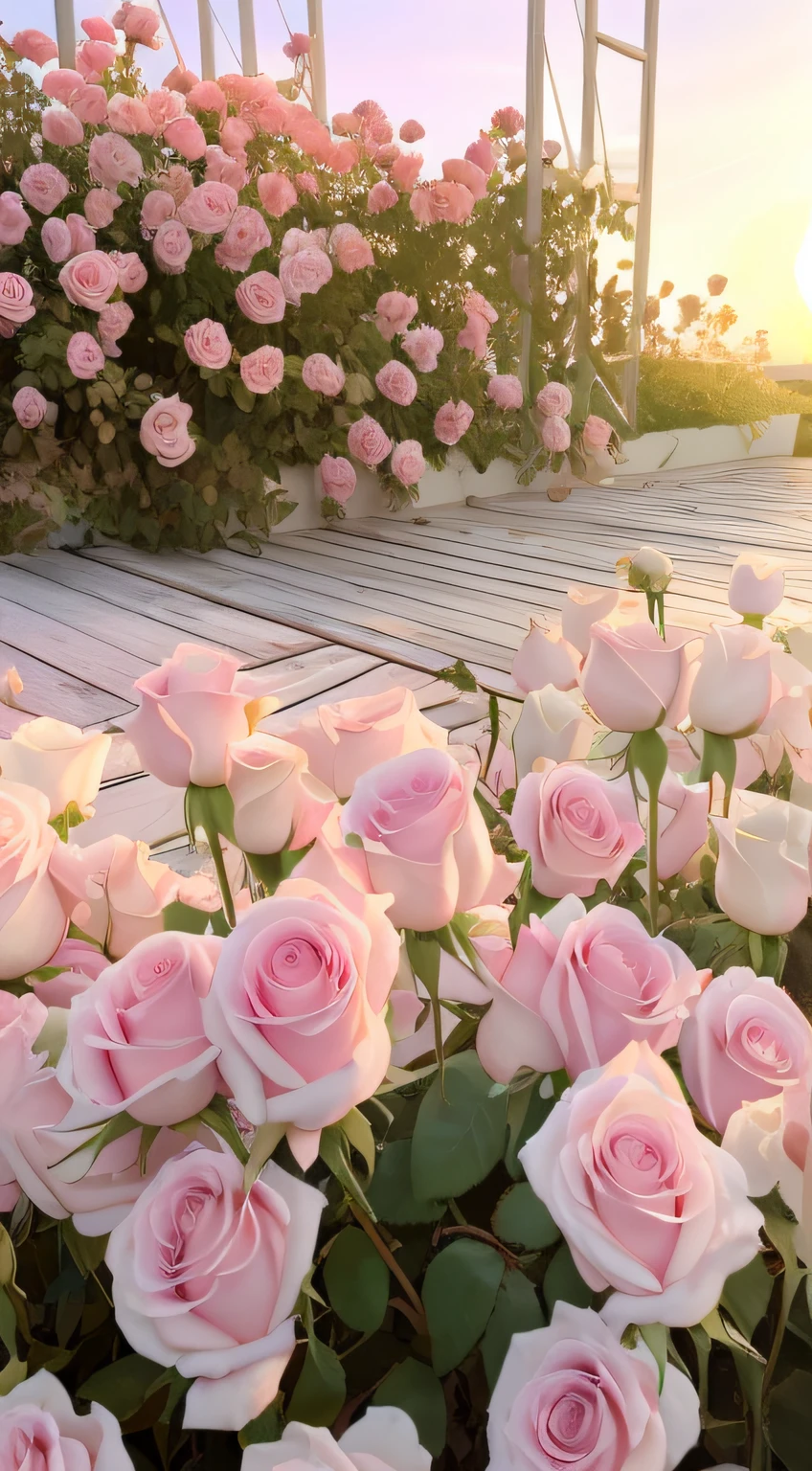 There are a lot of pink roses in the garden with wooden benches, Rose background, with soft pink colors, Beautiful and aesthetic, pink golden hour, rosette, rose background, Rose garden, Beautiful flowers, pastel roses, beautiful aesthetic, Pink flowers, background is heavenly, roses in cinematic light, rosses, Rose, heaven pink, Soft glow, an aesthetic field of flowers