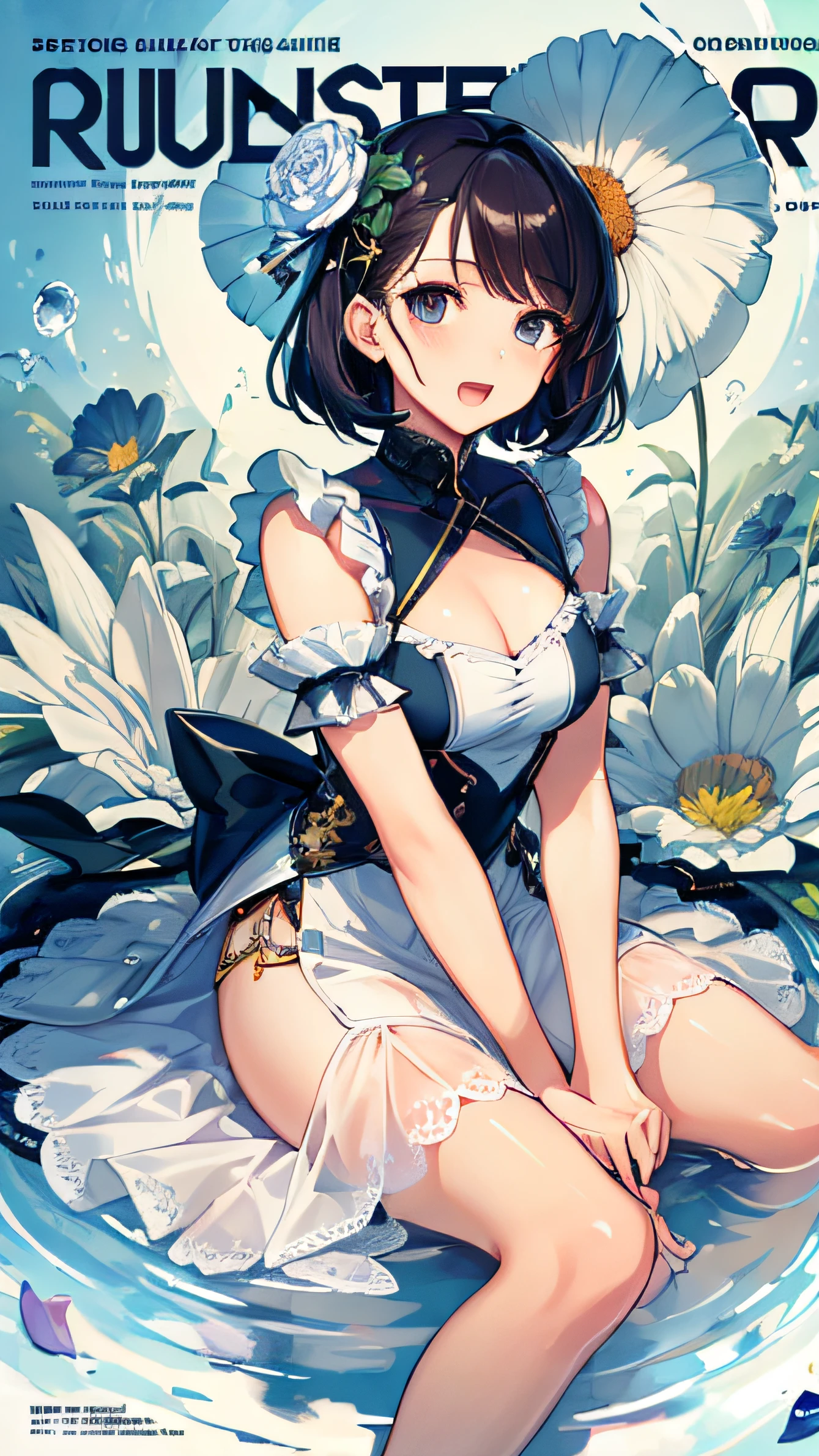 (tmasterpiece,best qualtiy:1.5), 1girll, Solo, solofocus, The barefoot, offcial dress, Sit Pose, short- sleeved, looking at viewert, grassy fields, short detailed hair, ssmile, whaite hair,Puff sleeves, exteriors, Bubble short sleeves, By bangs, , , rays of sunshine, , Mottled sunlight, In the daytime, depth of fields, open open mouth, (florals, hairflower), Show on the, wariza, (Magazines:1.3), (Cover style:1.3), Fashionab, woman, with dynamism, garments, posing on a, frontage, Colorful, dyna, Background with, element in, self-assured, Expressing the, halter, statement, Accessories, A majestic, coil, Runt,Touching pubic area,Scenes,text,Cover of a,Bold,attention-grabbing,titles,Fashionab,typeface,titles,more big,Smart,modern day,Fashionab,focal,Fashionab,