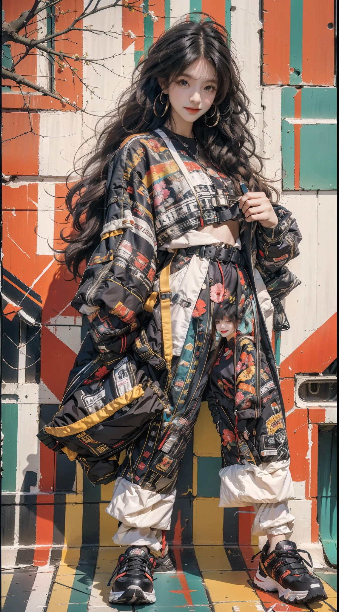 Kizi, Sexy, fully body photo,shoe,Handsome movements,long whitr hair,ssmile,Sideways photo,Colorful color scheme,Trendy clothing,Leave white space above the image,Columnar patch background,Geometric pattern stitching background