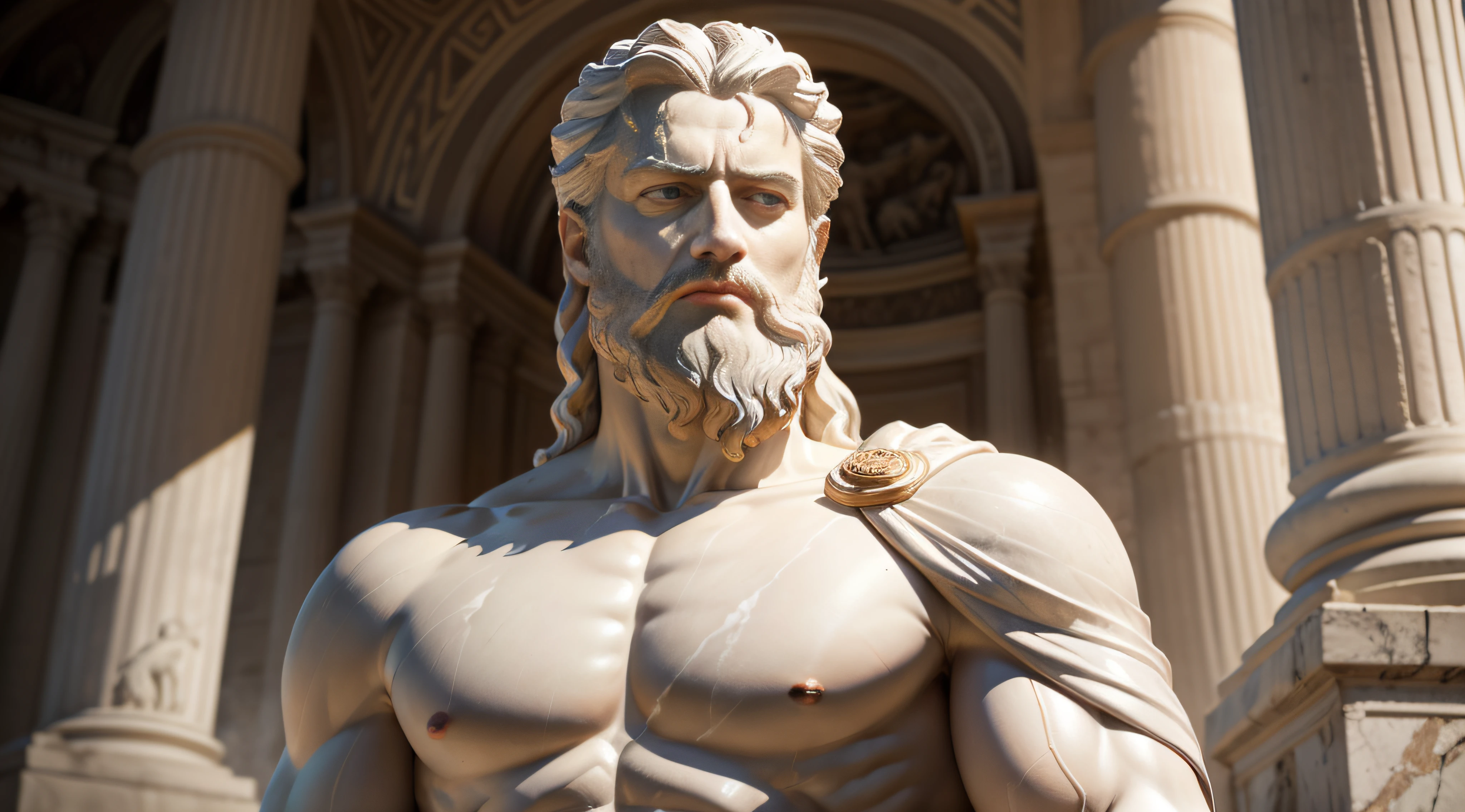 Portrait, realism, photorealism, ancient Roman emperor, as a white marble statue, godlike and stoic, big beard, like Zeus, strong, white statue and silver, rome that retreat the inner peace