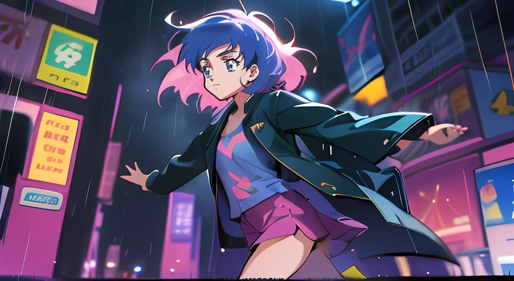 Anime girl walking down street in rain at night,, in the art style of 8 0 s anime, the anime girl is running, ' ramona flowers ', cosmic girl, style of anime4 K, 8 0 s anime art style, Praise Artstyle, official fanart, Anime style illustration