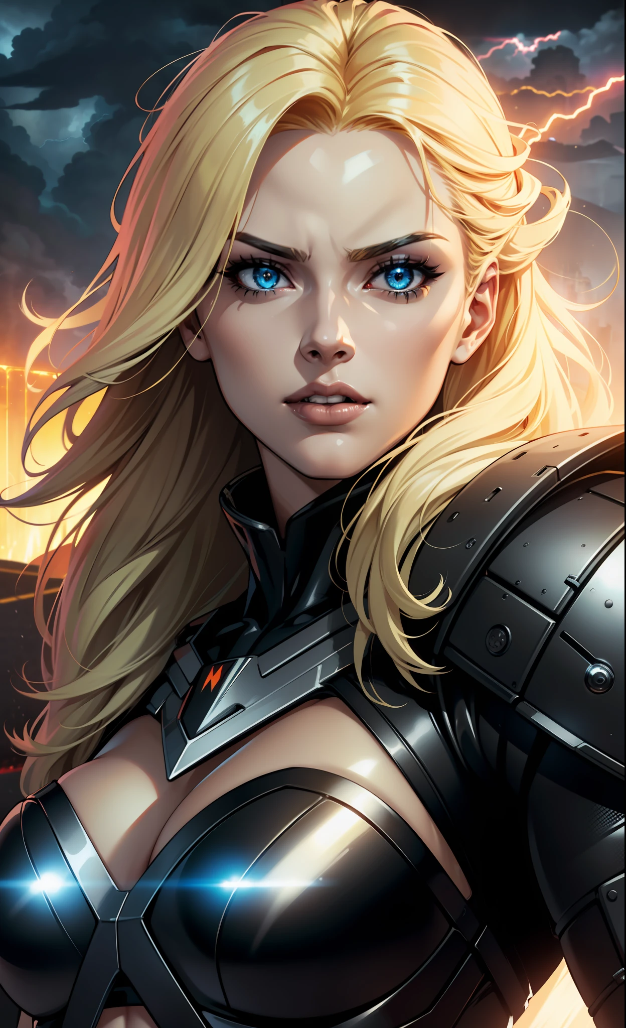 hot blonde in black crop top, glowing light eyes, sent by hell to win a race, back view, and futuristic black car in the background, front view, lightening, stormy sky, epic composition, cinematic, studio lighting, volumetric lighting, masterpiece, movie poster, comic style