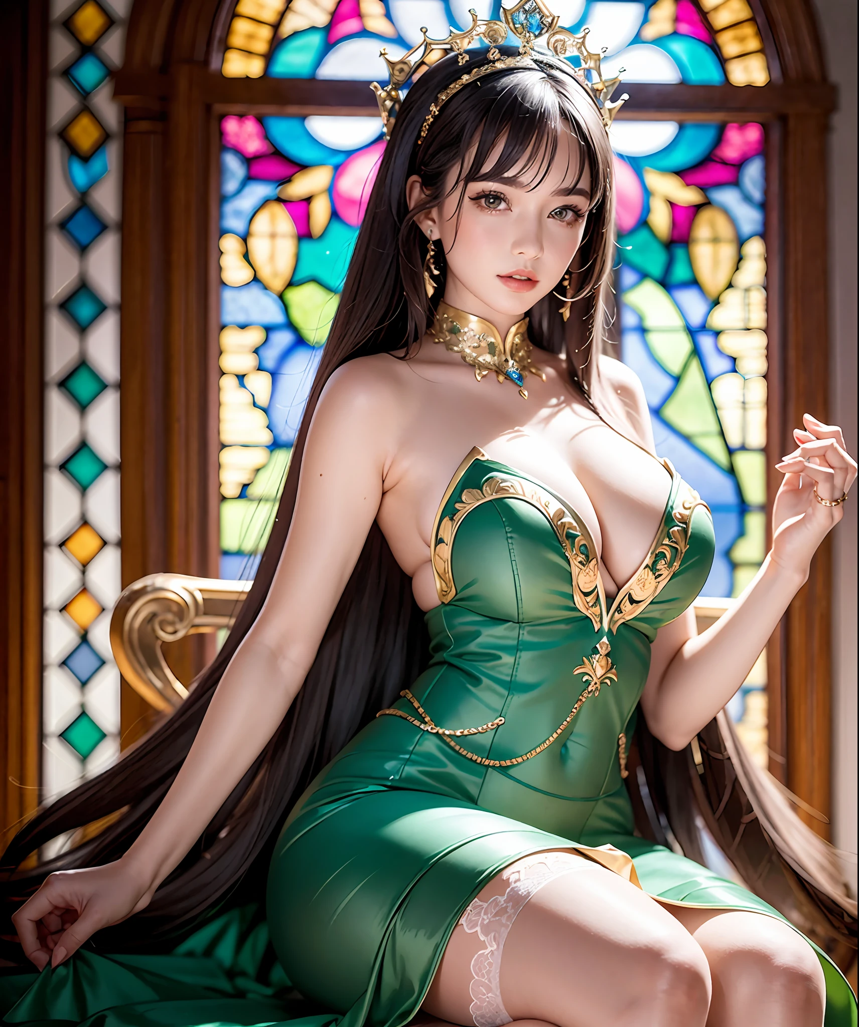 Arapefi, Green princess dress， seated on a throne，wearing high heels，Look from the front，next to a big window, Close-up of stained glass windows taken from the front, next to a window, sitting in a castle, Sense of transparency，（oversized boobs，1.5），Expose cleavage，Turn around and look at the camera，tmasterpiece，Flawless，Sense of transparency，Empty inspiration，More details and decoration，（Expose the whole body,1.8），Exposing thighs，，long leges，8K，（Wear decorations such as rings，1.9），White-colored skin，Ornate ornament，Waist stockings，one-girl