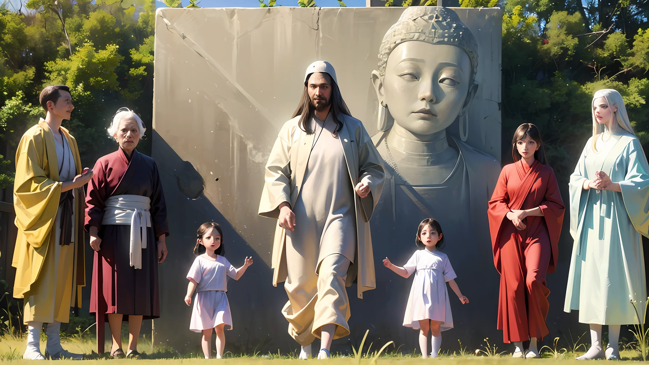 A meeting of characters such as nicolas tesla, jesus christ, buddha and other characters from the history of mankind in their child versions walking on the green plain, high resolution, very realistic, photorealistic, ultra realistic, high resolution, ((realistic:1.2)) , wide view mode --auto --s2