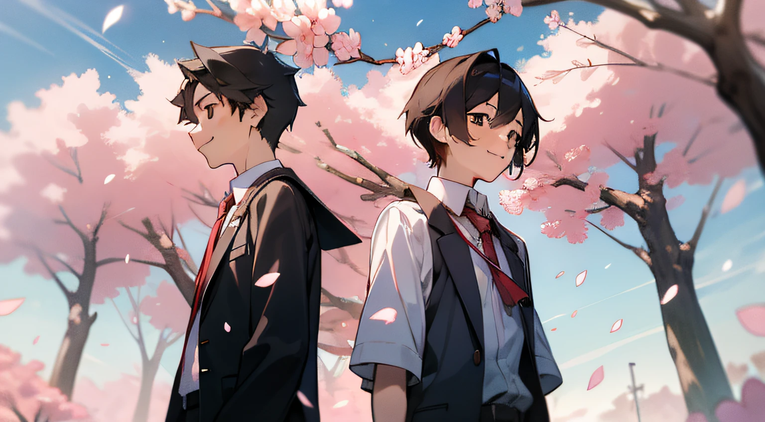Upper body, vista, one boy and one girl, back-to-back, student uniform, smile, cherry blossoms, petals, sky, campus