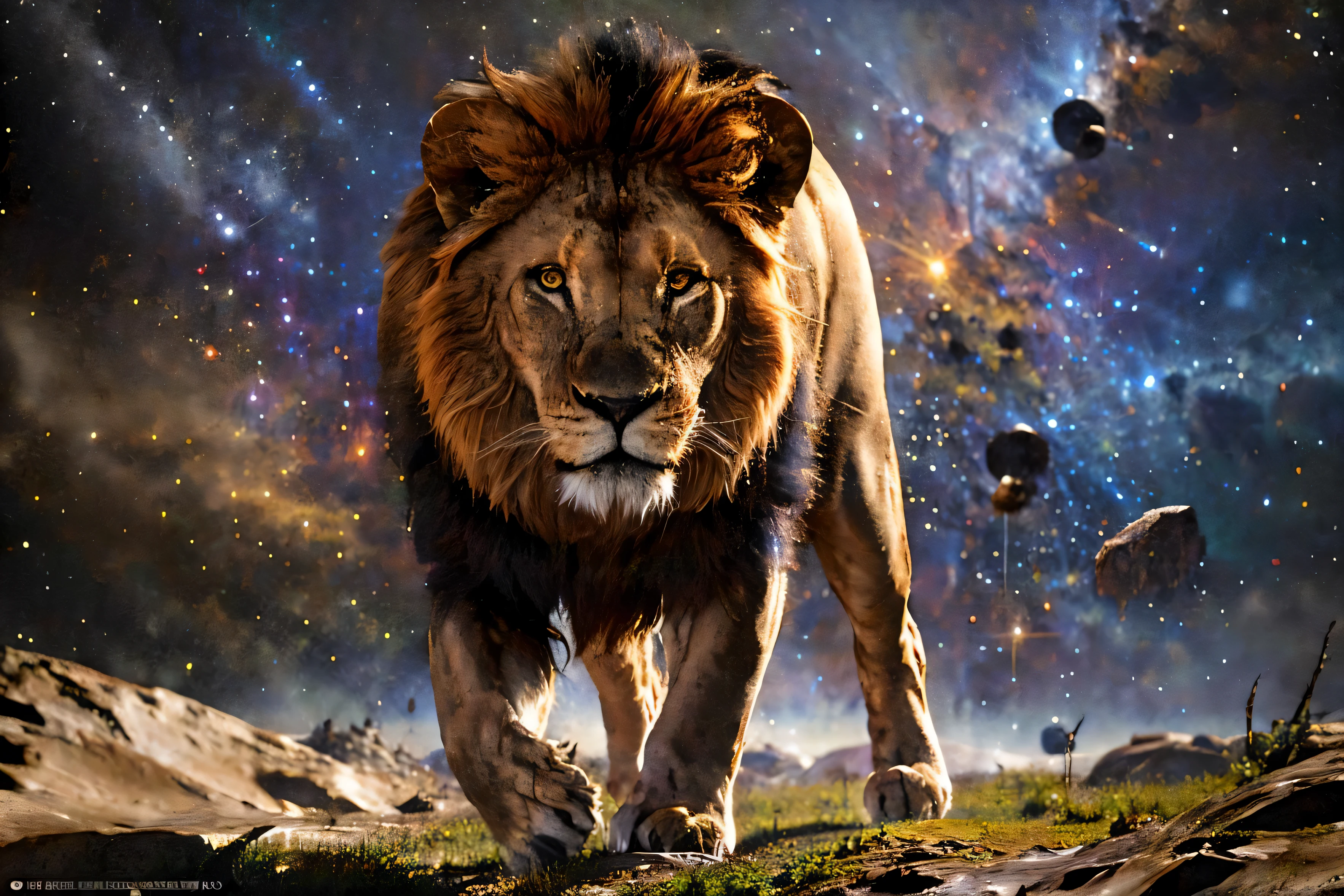 space landscape (masterpiece, best quality:1.2), ultra-detailed, lion walking, (realistic:1.5),