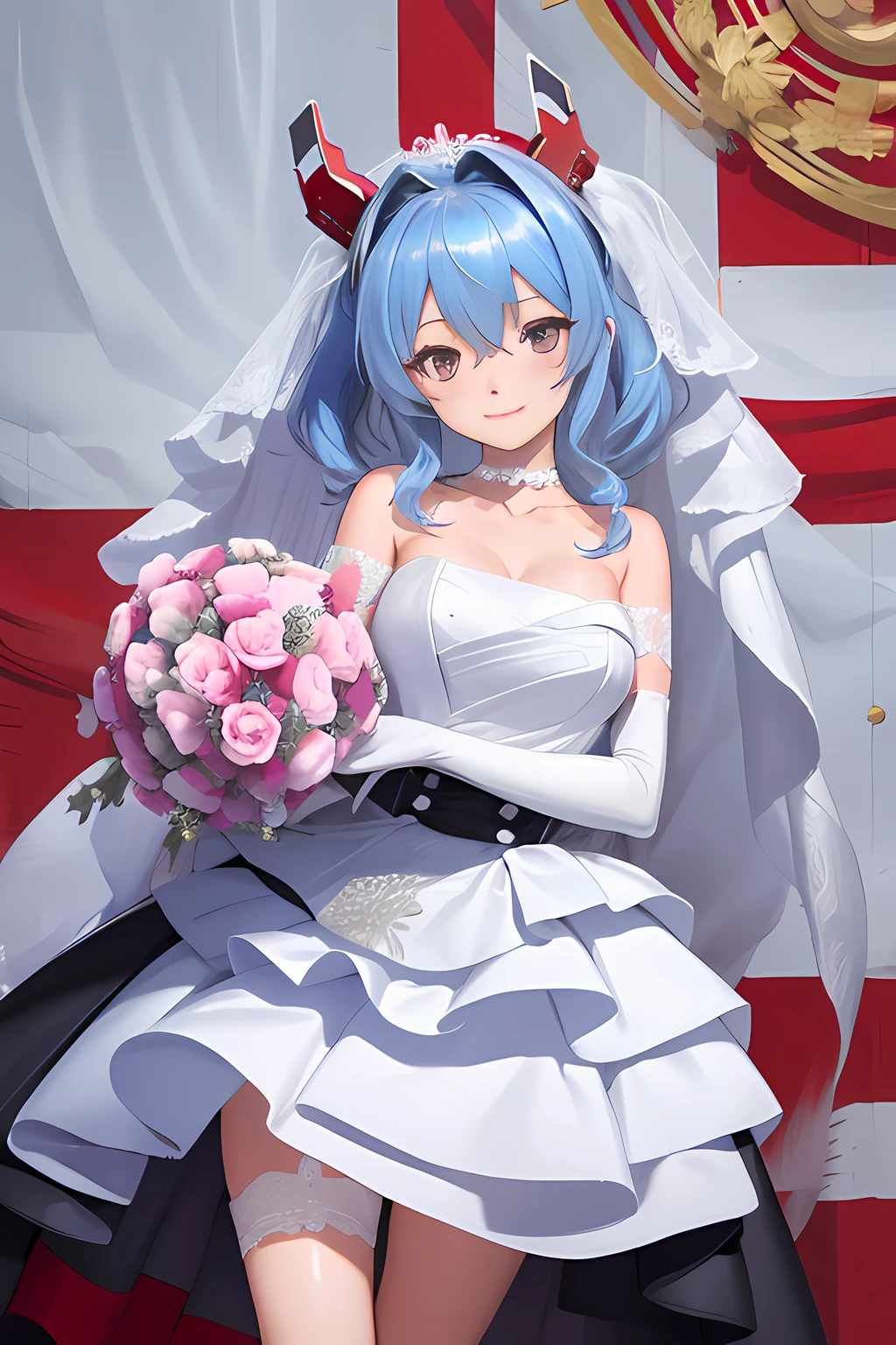 Prinz Eugen,((Masterpiece)), (((Best quality))), ((Ultra-detailed)), ((illustration)), ((Disheveled hair)), ((frilld)), (1 girl), (Solo), Bare shoulders ， Blue hair ， Bouquet ， choker necklace， 鎖骨 ， Clothing ， dress ， Elbow gloves， Female ， flower ， frilld， Collection， mitts， hair between eye， Headgear ， Holding， holding flower bouquet ， holding object ， Light smile， view the viewer， Red eyes， Short twin tails， No shoulder strap ， Strapless dress ， hair tying， double tails， two hand ， (Wedding dress:1.2)， a white choker ， White dress， White gloves， a white choker ， white sash ，