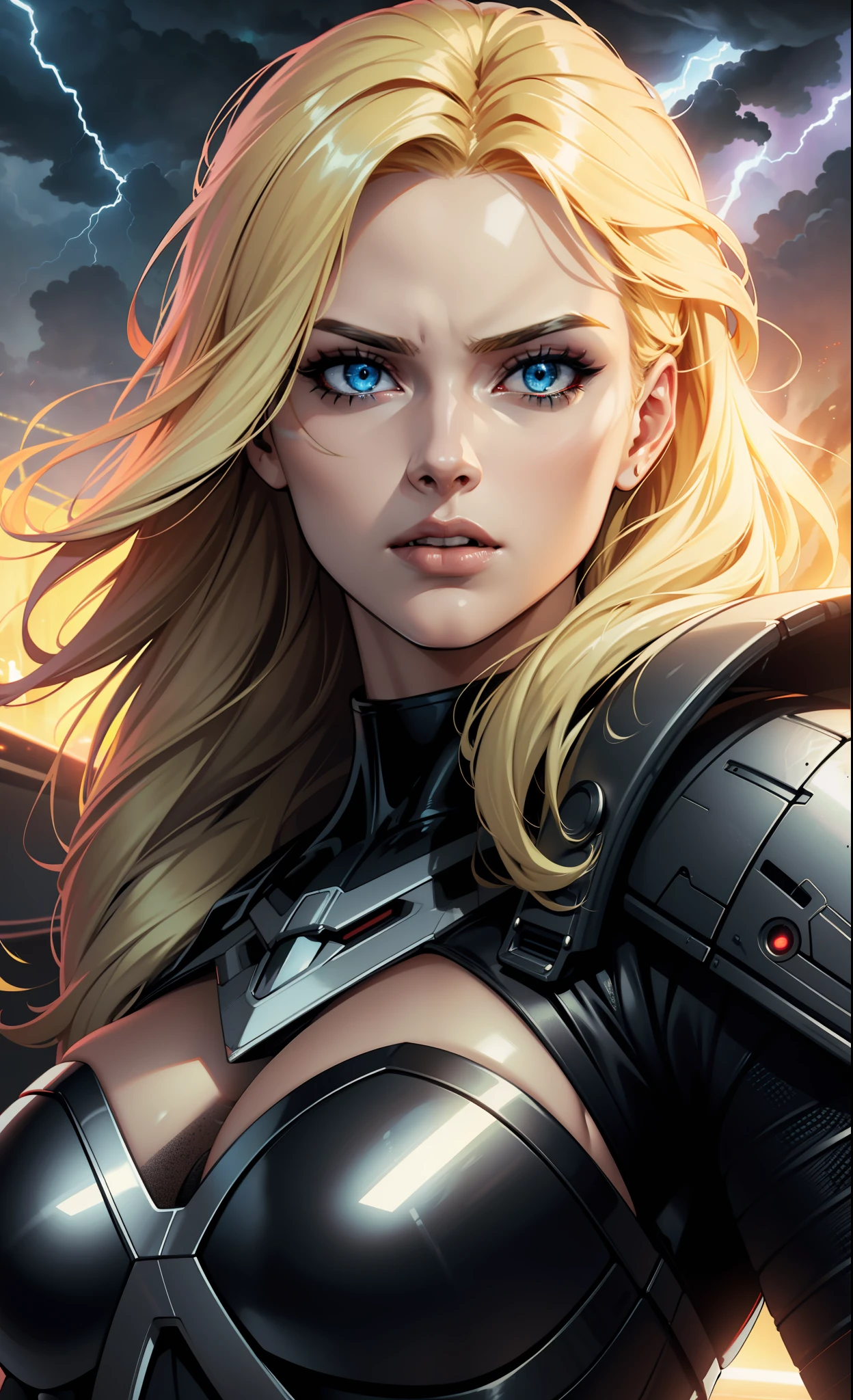 hot blonde in black crop top, glowing light eyes, sent by hell to win a race, back view, and futuristic black car in the background, front view, lightening, stormy sky, epic composition, cinematic, studio lighting, volumetric lighting, masterpiece, movie poster, comic style