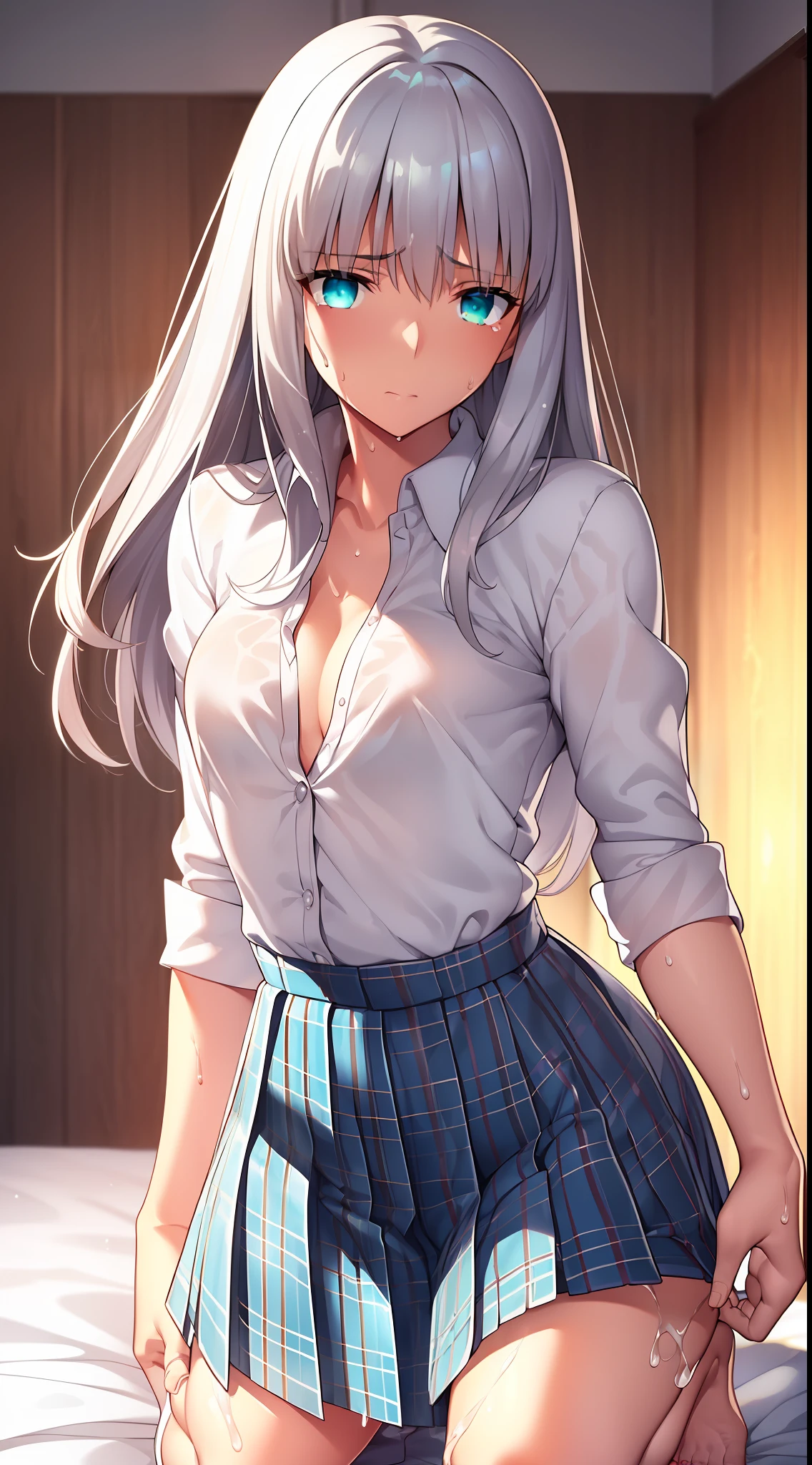 {{beautiful}}, amazing, (best quality:1.5), (masterpiece:1.5), extremely delicate and beautiful, intricate details, finely detailed, extremely detailed, beautifully detailed, ultra-detailed, (hyperdetailed:1.5), high resolution, (illustration), watercolor pencil, Clear line drawing, (ufotable style:1.1), (ufotable screen cap:1.1), anime coloring, anime screencap, (latest picture), backlighting, dynamic angle, glow, depth of field, {{body satisfaction}}, (body with a good balance of style:1.5), (slender figure:1.5), perfect body, perfect hands, perfect feet, (two arms:1.2), (two legs:1.2), (five fingers each:1.2), (perfect joint:1.2), perfect joint movement, beautiful detailed eyes, (detailed eyes:1.5), finely detailed eyes, perfect anatomy, full dissection, perfect composition, correct limbs, balance and coordination in all things, realistic:0.5, precise fingers and hands, (finely drawn hair:1.5), {{cool girl}}, (silver hair:1.3), (semi-long hair:1.3), (straight hair:1.3), bangs, (cyan eyes:1.3), (medium breasts:1.3), (small-sized buttocks:1.3), {{Bedroom}}, (bed:1.2), bed background, indoors, {{school uniform}}, (white collared shirt:1.5), white shirt, breast tent, (checkered pleated skirt:1.5), checked skirt, pleated skirt, (unbutton one's first button:1.5), {{blush}}, shy, (sweat:1.5), (teary eyes:1.7), (ecstasy:1.5), gasping face, (ecstasy face), (white liquid drips between her legs and down her thighs:1.5), (spread one's legs:1.3), (solo:1.5), self-love, self fondle, 1girl, (cowgirl style), (kneeling:1.5), cowgirl position, standing on both knees,