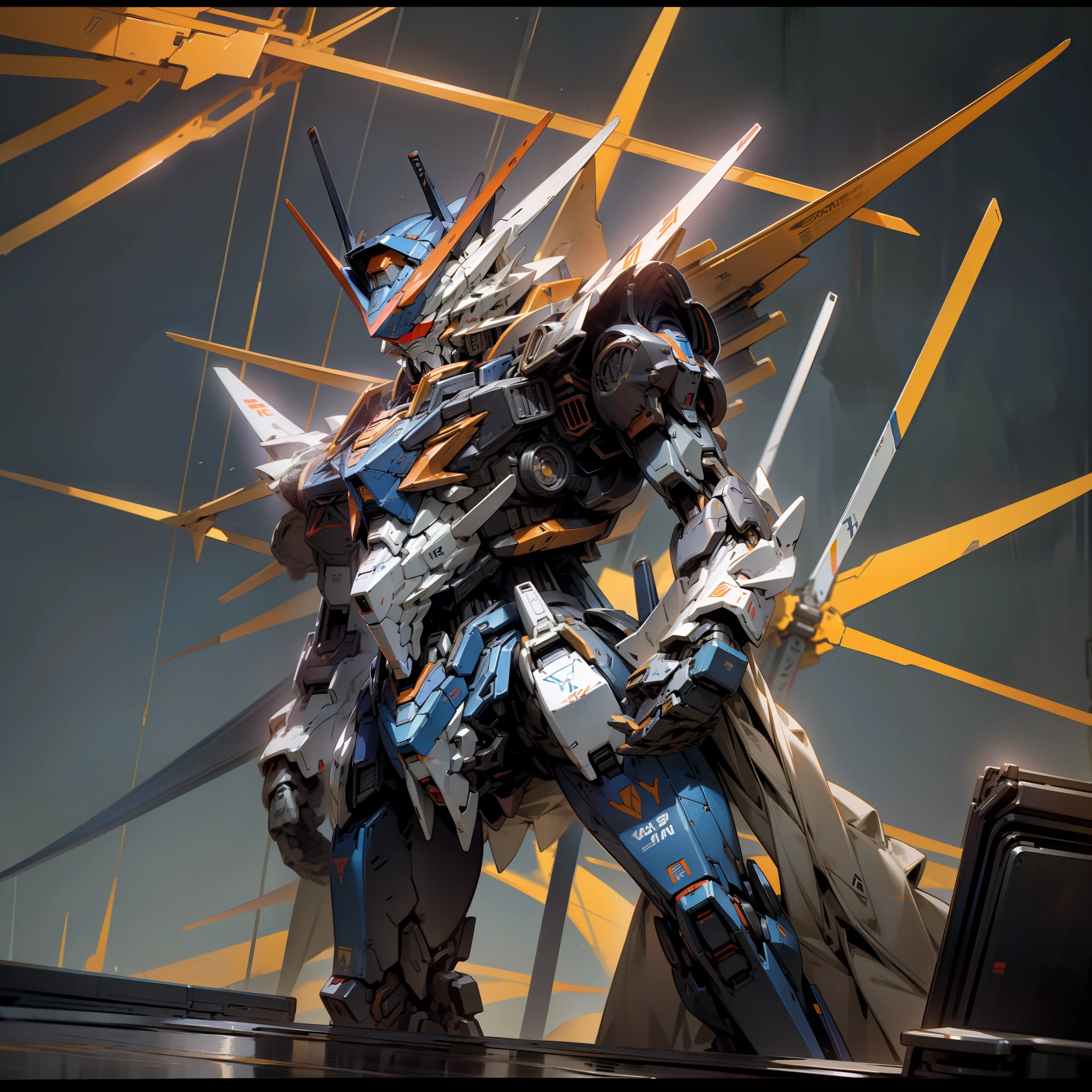 there is a toy robot that is sitting on a table, GUNPLA, taken with canon 8 0 d, on a gundam, eva unit 0 1, full pose, cool mecha style, evangelion third impact inspired, masamune, detailed wide shot, Blue!! with orange details, gundam is windmill shaped, 1 3 5 mm!!, Mobile Suit, gundam style