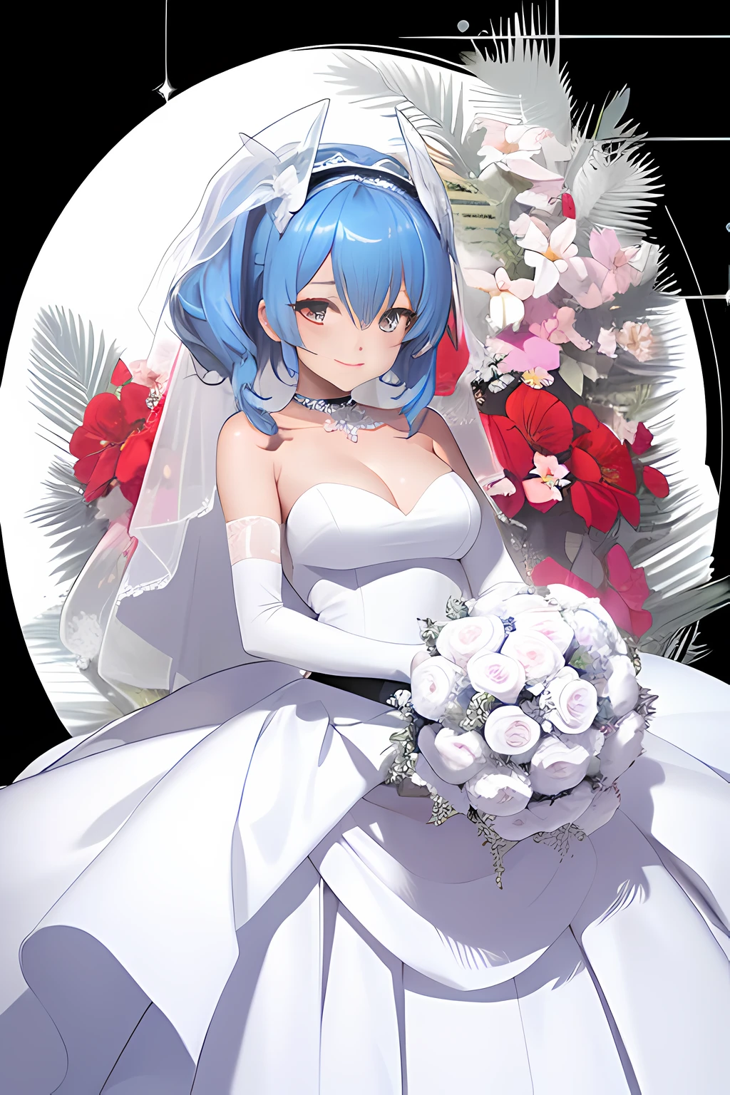 Prinz Eugen,((Masterpiece)), (((Best quality))), ((Ultra-detailed)), ((illustration)), ((Disheveled hair)), ((frilld)), (1 girl), (Solo), Bare shoulders , Blue hair , Bouquet , choker necklace, 鎖骨 , Clothing , dress , Elbow gloves, Female , flower , frilld, Collection, mitts, hair between eye, Headgear , Holding, holding flower bouquet , holding object , Light smile, view the viewer, Red eyes, Short twin tails, No shoulder strap , Strapless dress , hair tying, double tails, two hand , (Wedding dress:1.2), a white choker , White dress, White gloves, a white choker , white sash ,