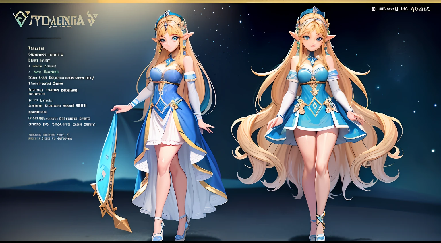 Princess Zelda from Breath of the Wild, high definition, full body in natural pose, short sexy clothes based on the champions of Hyrule, background view of Hyrule castle, long hair, blonde and blue eyes, physical features of a Hylian, concept art, 8K, wide, high quality