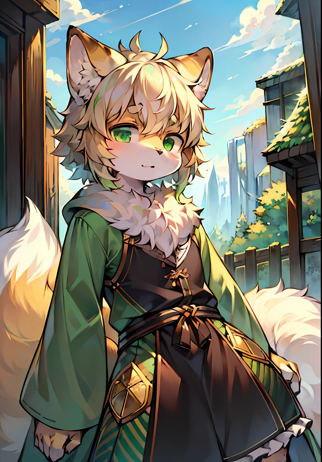 Masterpiece,High quality,abstract res,Digital painting\(artwork of a\), author：BrukkiGunar, Yupa,Kiyosan,(anthro,Fluffy fur,Character focus:1.1),anthro male cat,Portrait , eyes with brightness, in a panoramic view, Character focus.(detailedbackground:0.7), 独奏, shaggy, shaggy male, ,malefocus, Robust,Strong anthrax(Full Body Furry, It has a fluffy tail，With a green pattern, White fur, Dark green eyes), (Long felines、Dark green ears、Beige tail、It has a light green smoky pattern on its body、Beige hair， The tail has a dark green pattern），（External、In the daytime、clear skies）
