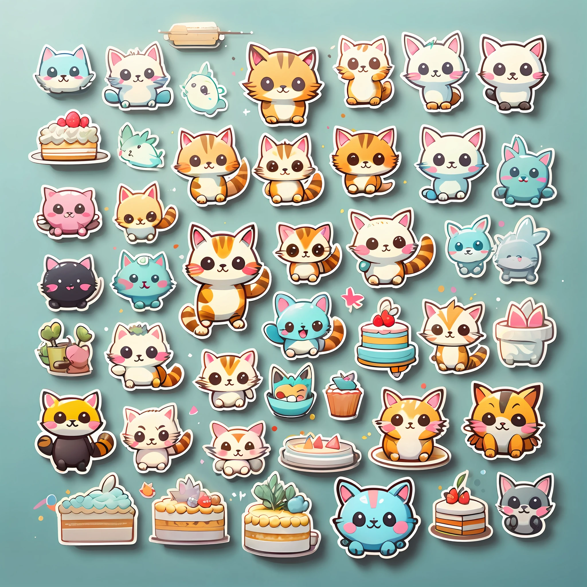 Stickers, stick figures, cute cats, cakes, light blue, solid background, character focus low saturation