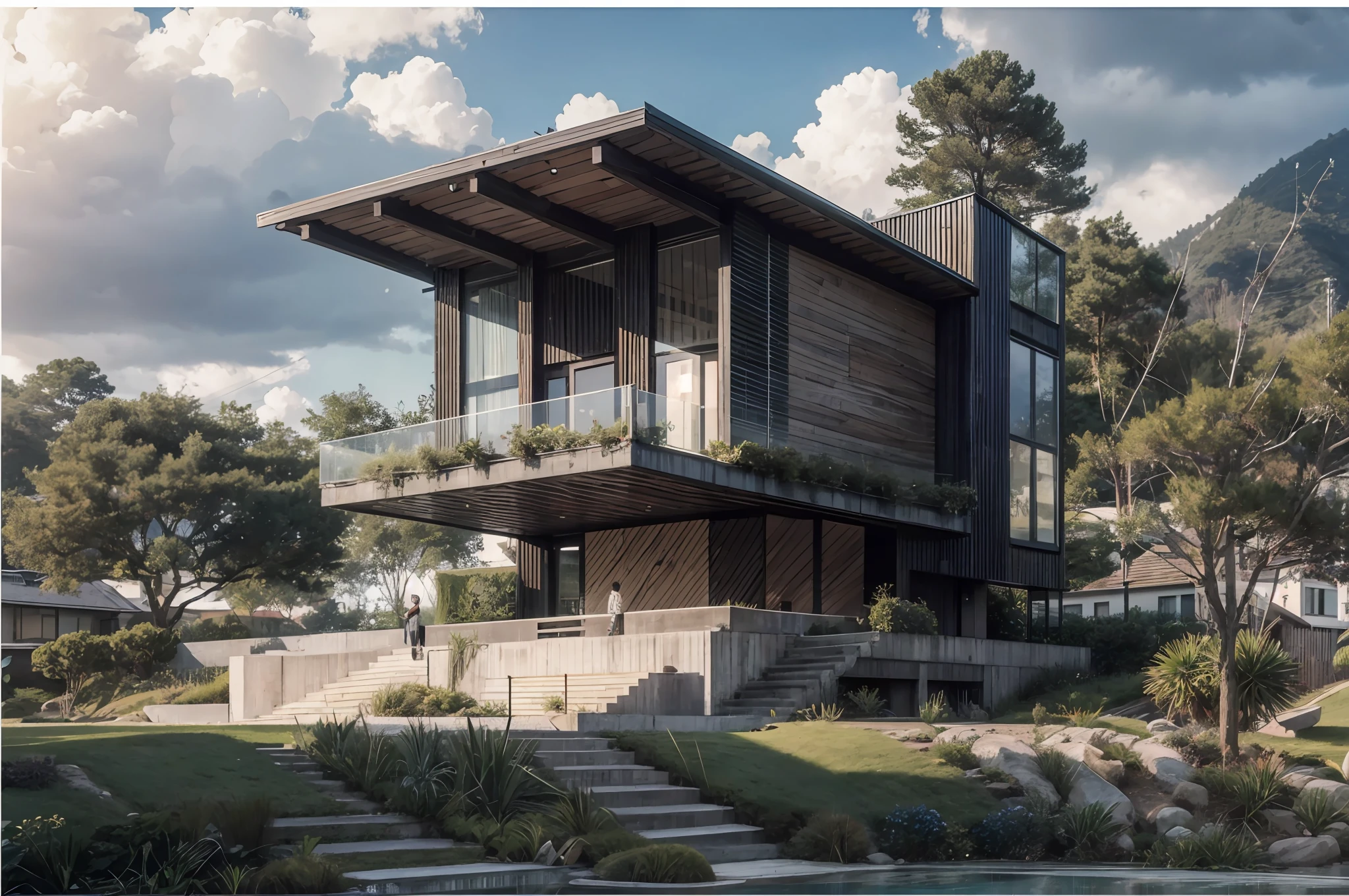 (8k, RAW photo, best quality, masterpiece:1.2), a highly detailed building with a sloping roof designed by tadao ando, with lots of concrete and glass, rainy, people, steps, trees, plants, realistic style, best quality, photo-realistic, 8k uhd, dslr, soft lighting, perfect light, high quality, Fujifilm XT3, grass on the ground