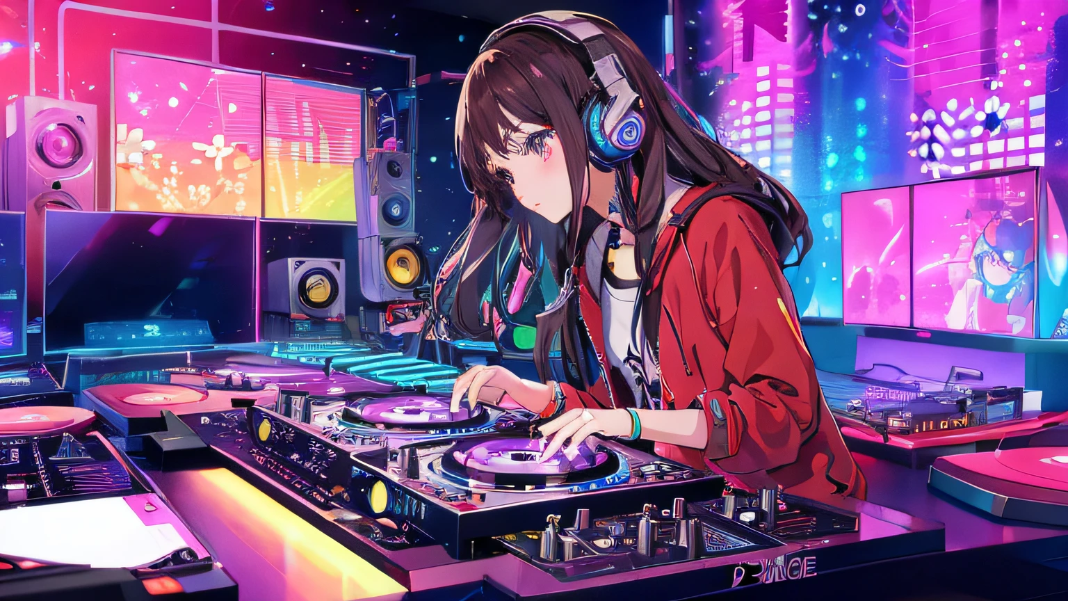 anime girl DJ playing music in a music studio with headphones, night core, Arte digital no Pixiv, arte de fundo, estilo anime 4K, Digital anime illustration, arte digital estilo anime, Conjunto de DJ, vibing to music, illustration Anime style, DJ Sura, fanart menina urbana, arte estilo anime, ELECTRONIC MUSIC, anime moe artstyle, DJ, menina lofi