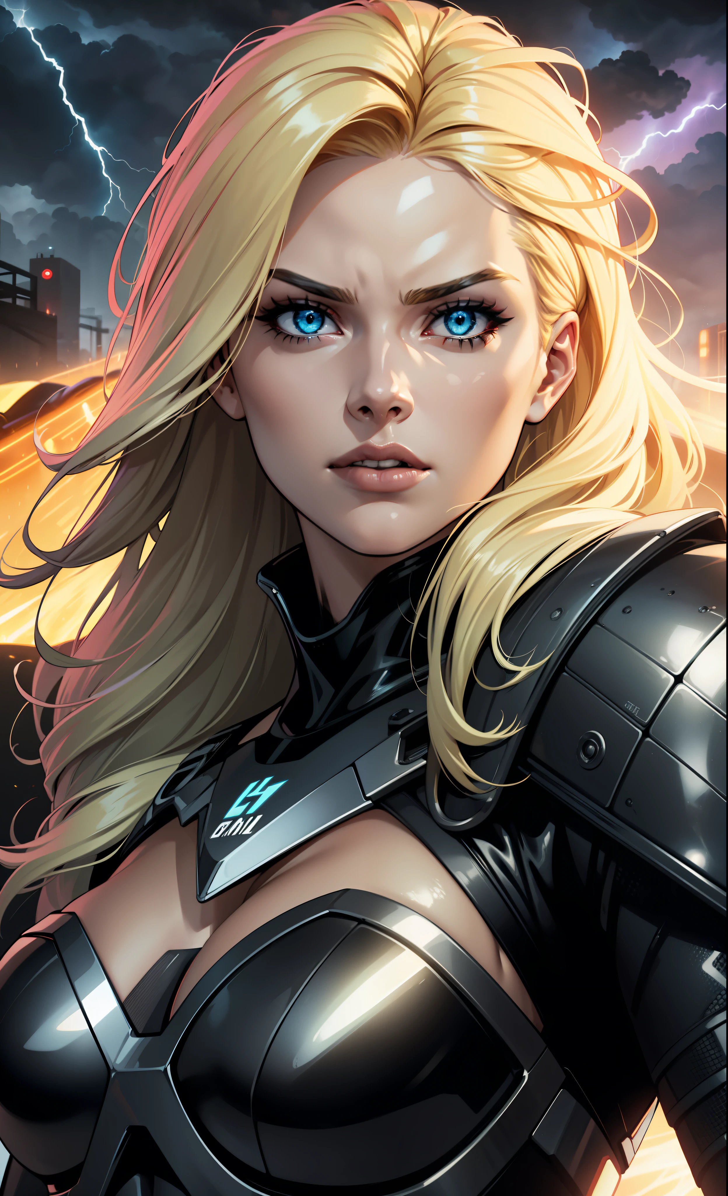 hot blonde in black crop top, glowing light eyes, sent by hell to win a race, back view, and futuristic black car in the background, front view, lightening, stormy sky, epic composition, cinematic, studio lighting, volumetric lighting, masterpiece, movie poster, comic style
