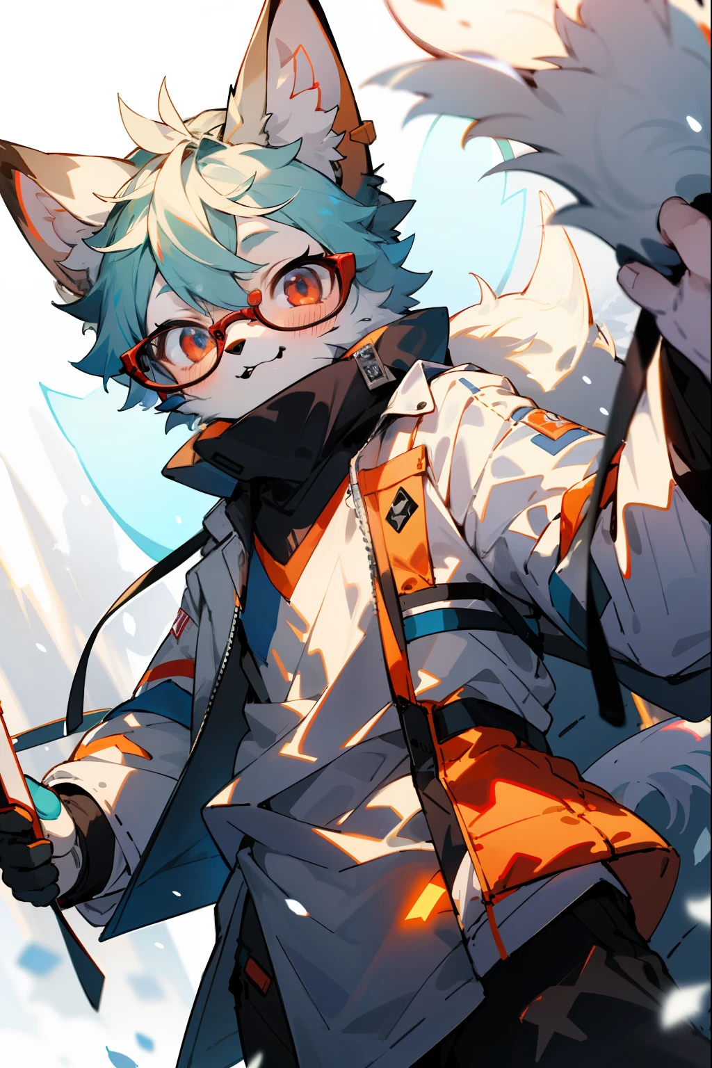 depth of fields,lighting perfect,light particules,(best qualtiy),(tmasterpiece),(ultra - detailed),Sharp focus,light particules,niji,eyesgod,Blushlush,red_eyes,looking_at_viewer,smile,solo,furry,animal_ear_fluff,open_clothes,full bodyesbian,coda,White coat,the scientist,wears glasses,rays of sunshine,snow landscape,Close your mouth,from below,Young men,Wear earrings