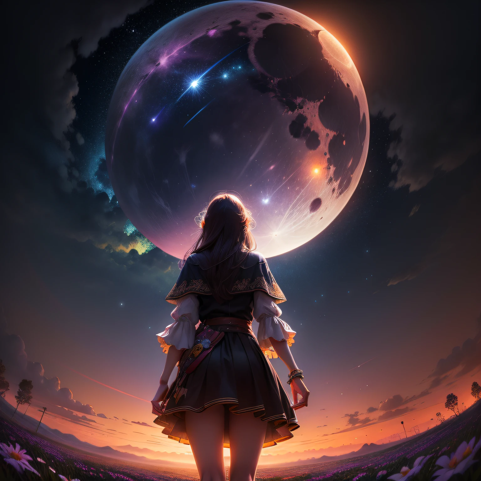Vast landscape photo, (viewed from below, the sky is above and the open field is below), a girl standing on a flower field looking up, (full moon: 1.2), (meteor: 0.9), (nebula: 1.3), distant mountains , Trees BREAK Crafting Art, (Warm Light: 1.2), (Fireflies: 1.2), Lights, Lots of Purple and Orange, Intricate Details, Volumetric Lighting, Realism BREAK (Masterpiece: 1.2), (Best Quality), 4k, Ultra-Detailed, (Dynamic Composition: 1.4), Very Detailed, Colorful Details, (Rainbow Colors: 1.2), (Glow Lighting, Atmospheric Lighting), Dreamy, Magical, (Solo: 1.2)
