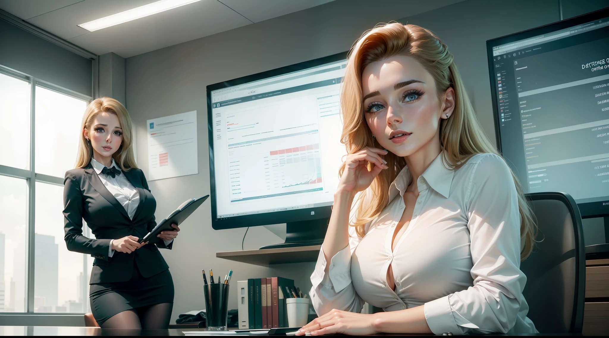 5DE4CE749F an office desk with a computer, Na tela do computador, showing financial charts, ((actress Lena Paul looks very pretty in business clothes )),In the background, an all-glass wall showing the surrounding buildings, (melhor qualidade) (4k resolution), Realistic, muitos detalhes,
