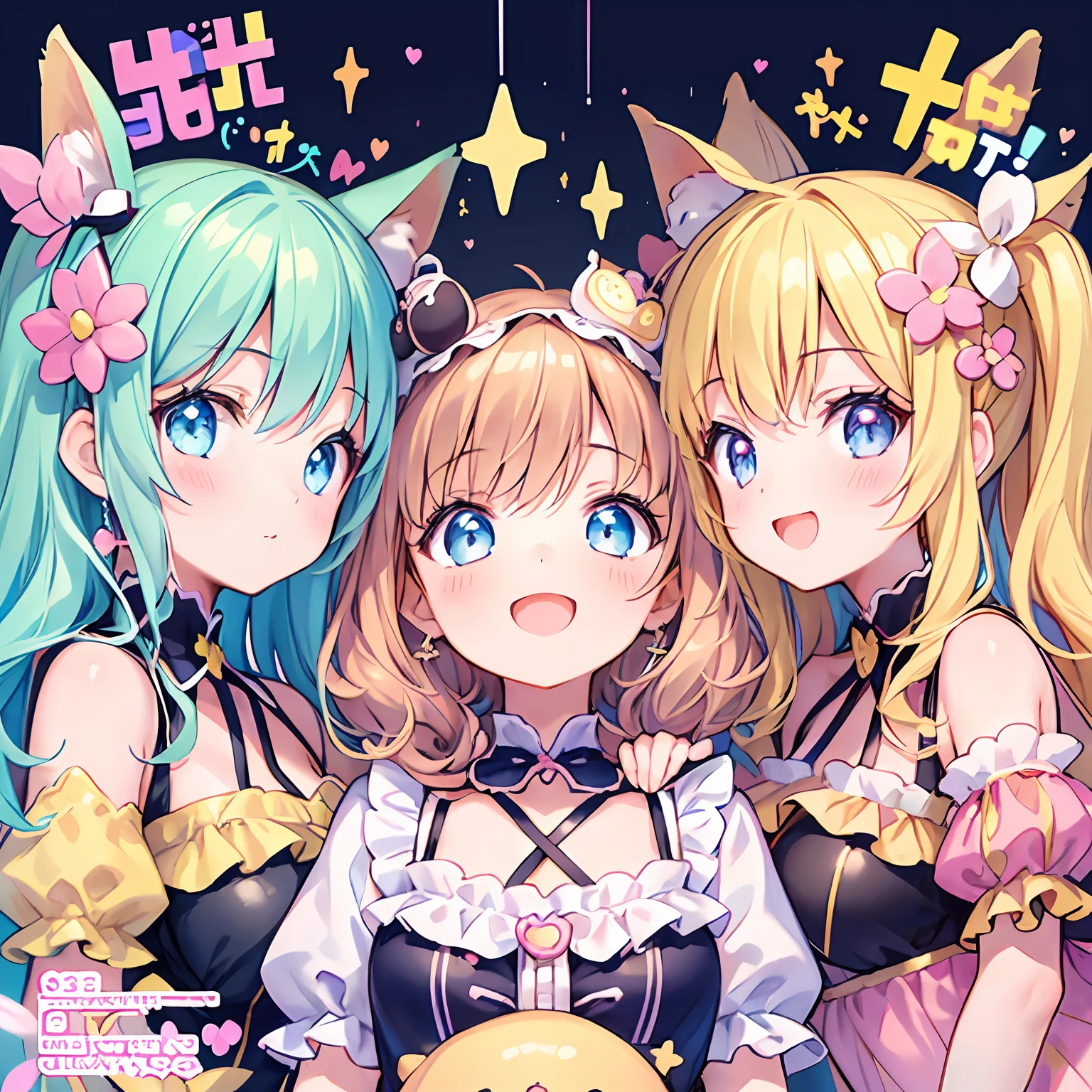 masterpiece, (2girls and 2girls and 2girls and 2girls), idol, closeup, big eyes, kawaiitech, kawaii, cute, pastel colors, best quality, happy, deep background, symmetrical, tilted head, summer, cover, title
