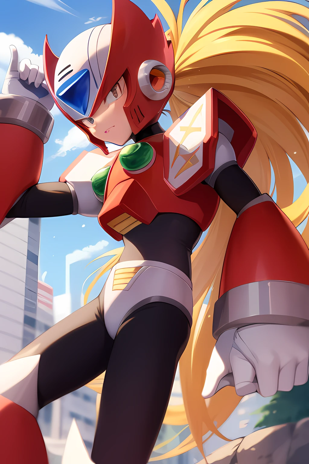 zero_Megamanx, *********, sozinho, olhos azuis, blonde hair, rabo-de-cavalo, cabelos muito longos, cabelos longos, capacete, android, Foco masculino, furioso, master part, alta qualidade, cidade futurista, Orange skye