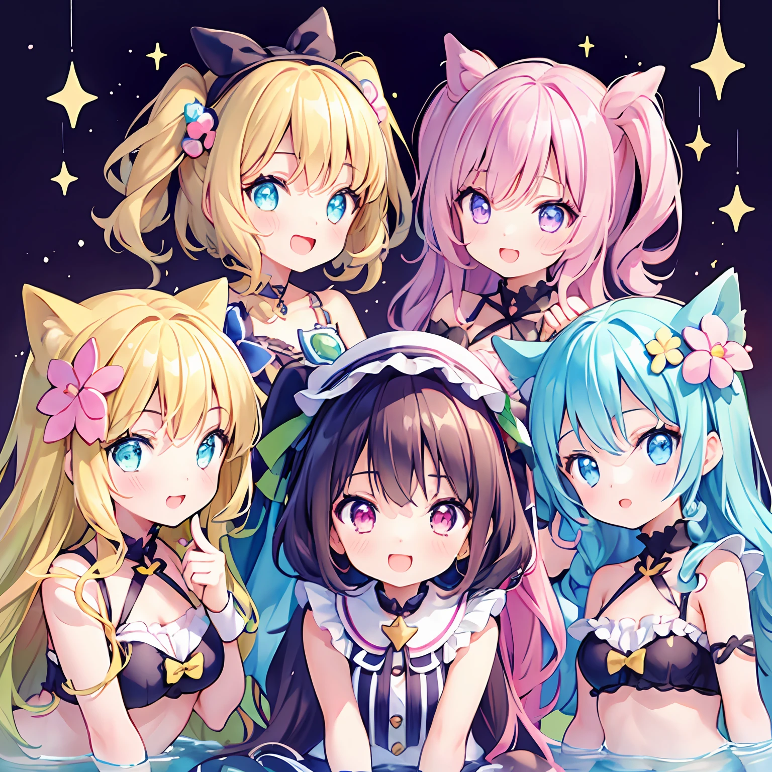 masterpiece, (2girls and 2girls and 2girls and 2girls), idol, closeup, big eyes, kawaiitech, kawaii, cute, pastel colors, best quality, happy, deep background, symmetrical, tilted head, summer, cover, title