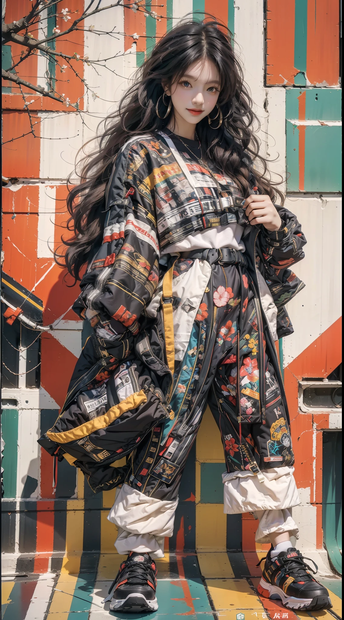 Kizi, Sexy, fully body photo,shoe,Handsome movements,long whitr hair,ssmile,Sideways photo,Colorful color scheme,Trendy clothing,Leave white space above the image,Columnar patch background,Geometric pattern stitching background