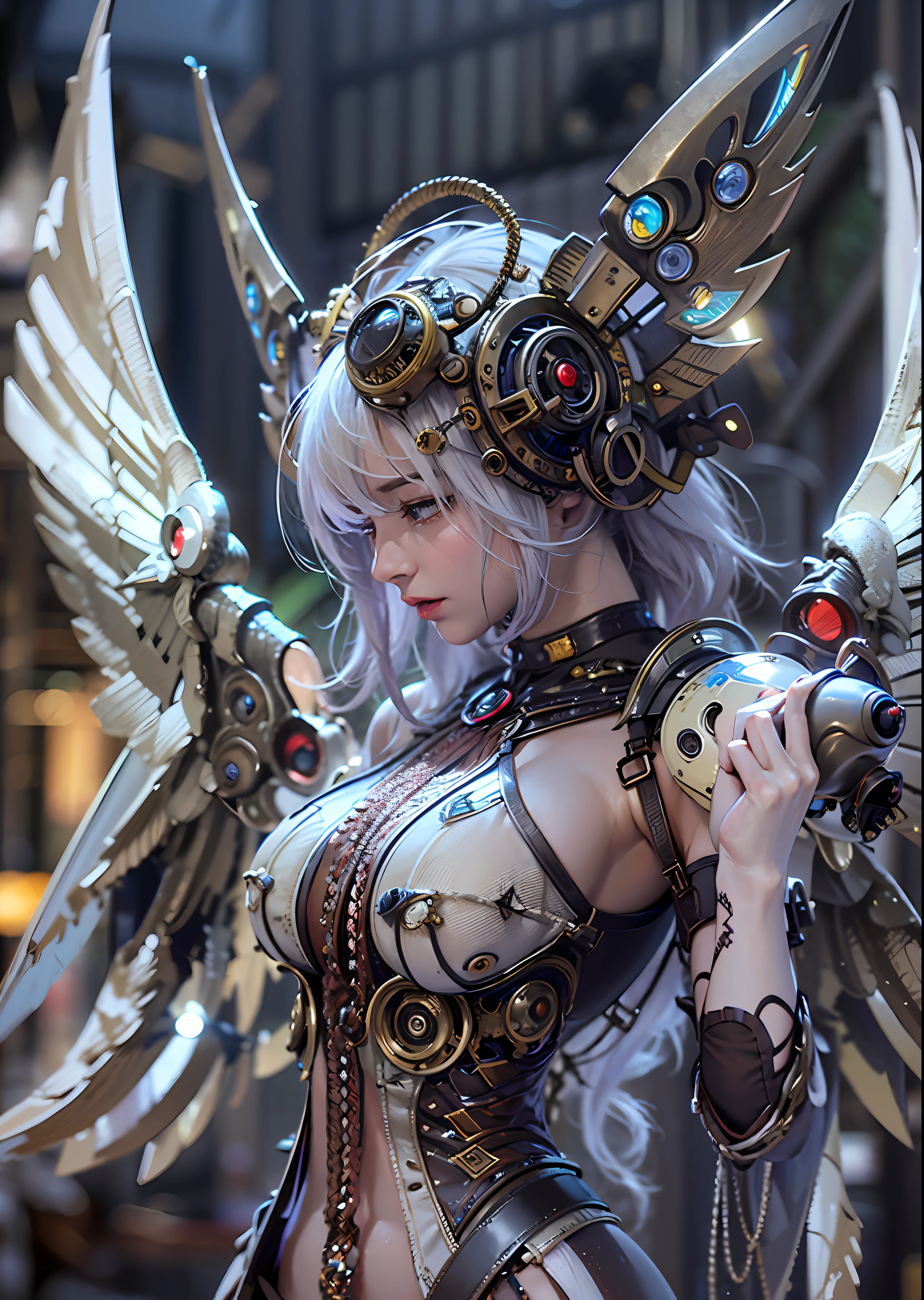 top-quality、masterpiece、超A high resolution、(Photorealsitic:1.4)、Raw photo、Steampunk Cyborg Angel、large wings made of metal、White porcelain body、Acrylic Clear Cover、white hair、glowy skin、1 Cyborg Girl、((super realistic details))、portlate、globalillumination、Shadow、octan render、8K、ultrasharp、character edge light,Colossal tits、Raw skin is exposed in cleavage、Details of complex ornaments、Sumerian details、Hydraulic cylinder、Small LED lamp、highly intricate detail、Realistic light、a purple eye、radiant eyes、Facing the camera、neon details、cowboy shot、Futuristic headgear、About Cyberpunk、、