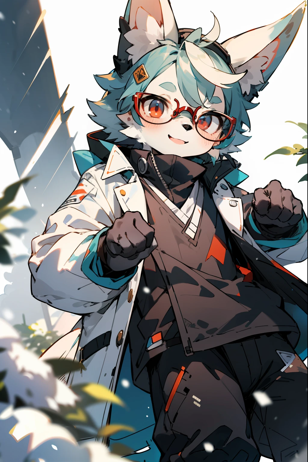 depth of fields,lighting perfect,light particules,(best qualtiy),(tmasterpiece),(ultra - detailed),Sharp focus,light particules,niji,eyesgod,Blushlush,red_eyes,looking_at_viewer,smile,solo,furry,animal_ear_fluff,open_clothes,full bodyesbian,coda,White coat,the scientist,wears glasses,rays of sunshine,snow landscape,Close your mouth,from below,Young men,Wear earrings