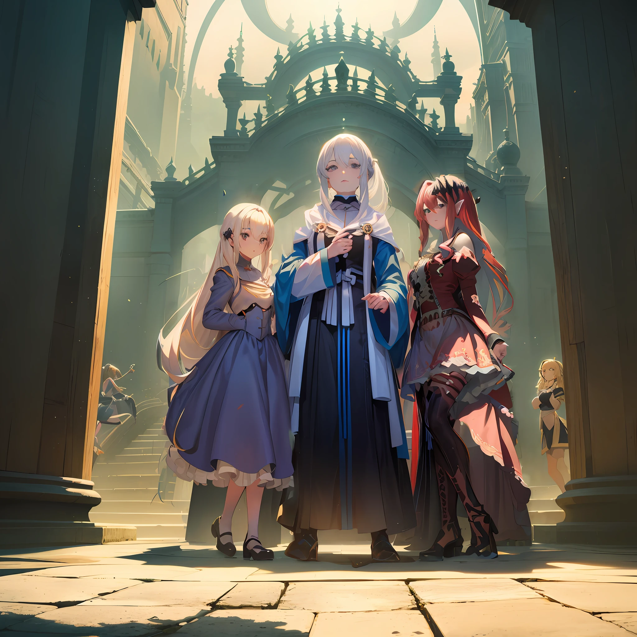 Three women in costume stand in front of a building, Kushatt Krenz Key Art Women, Epic light novel art cover, 2. 5 D CGI anime fantasy artwork, Guviz-style artwork, key art, Anime fantasy illustration, Artgerm and Atey Ghailan, Guweiz on ArtStation Pixiv